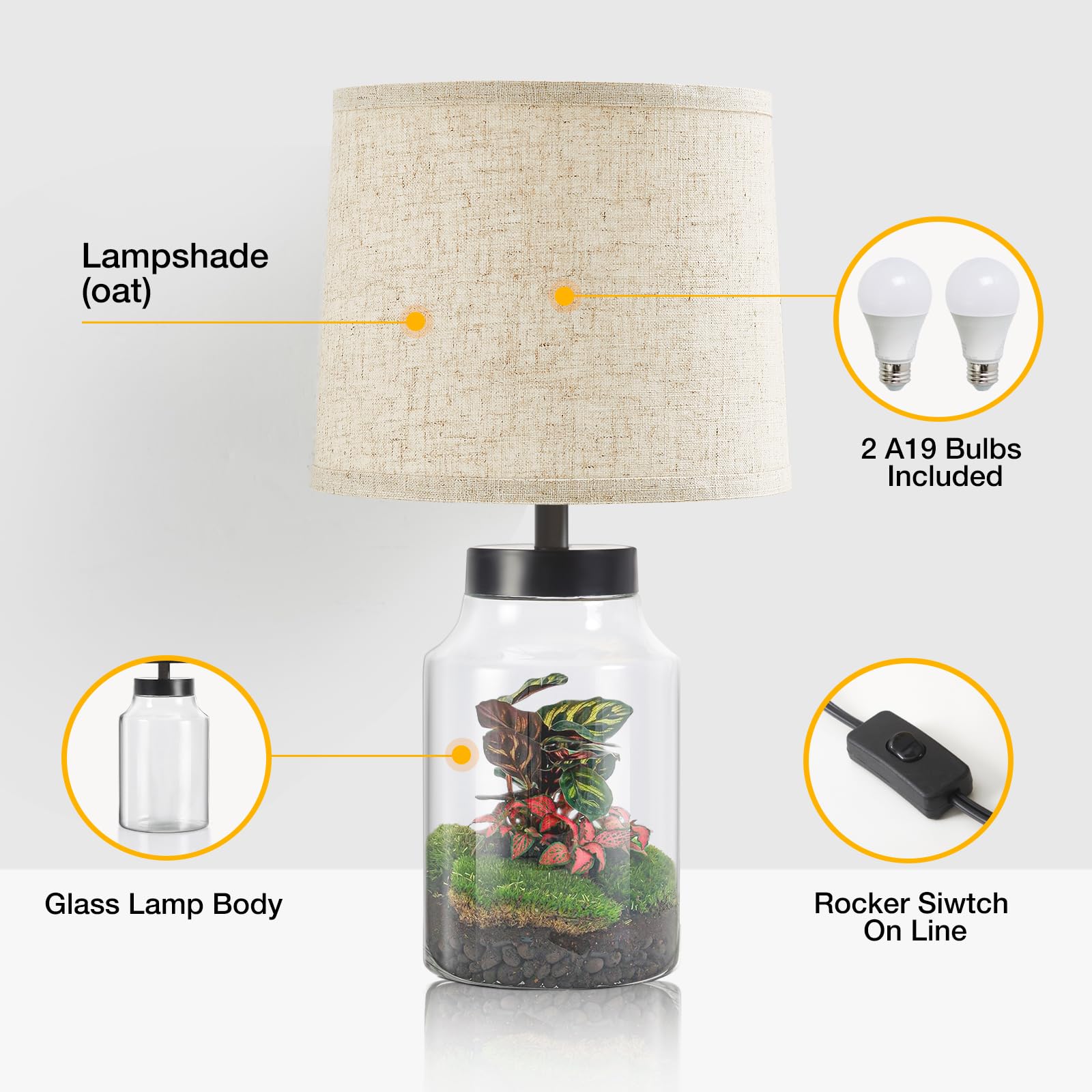 GyroVu Table Lamp Set of 2, Clear Glass, Metal, Oat Lampshade, Model B0CY523GJ2, Nightstand Lamps for Living Room and Bedroom