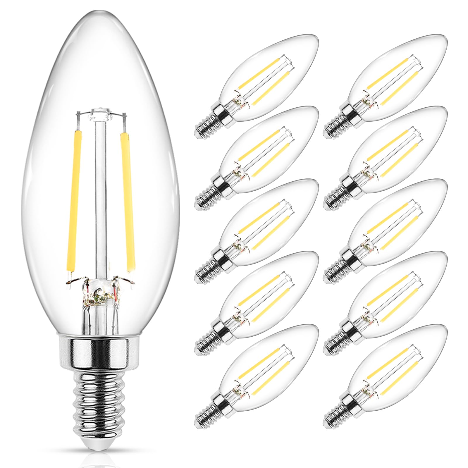 Ascher Classic E12 Led Candelabra Light Bulb 4W, Equivalent 40W, Daylight White 5000K, Non-Dimmable, Filament Clear Glass, Pack 