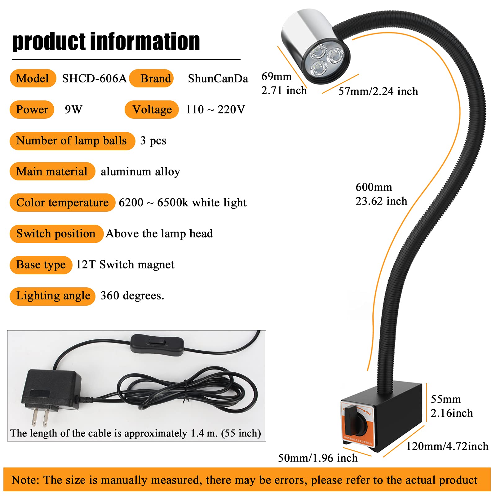12T Magnetic Work Light, Ip65 Water Proof Led Machine Light, 23In Flexible Gooseneck Lamp With Strong Magnetic Base For Lathe Mi
