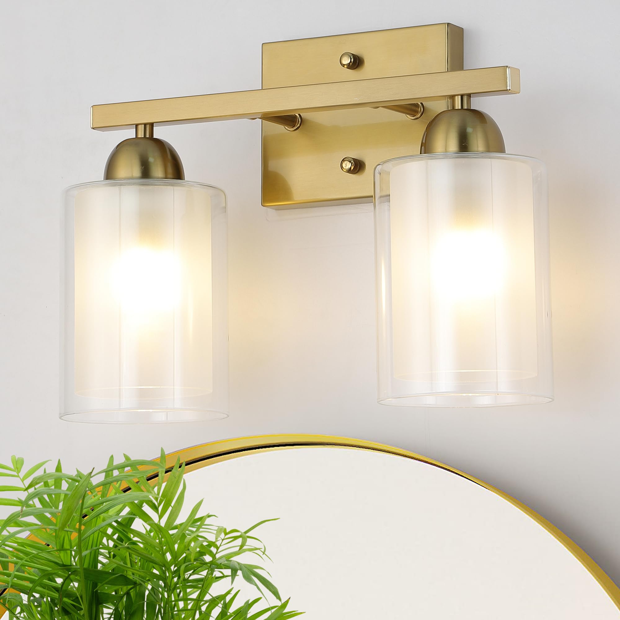Mecgirn Stainless Steel Bathroom Vanity Light, 2 Light Brushed Gold Fixture with Milk & Clear Glass Shades, Model B0007-2-Gold