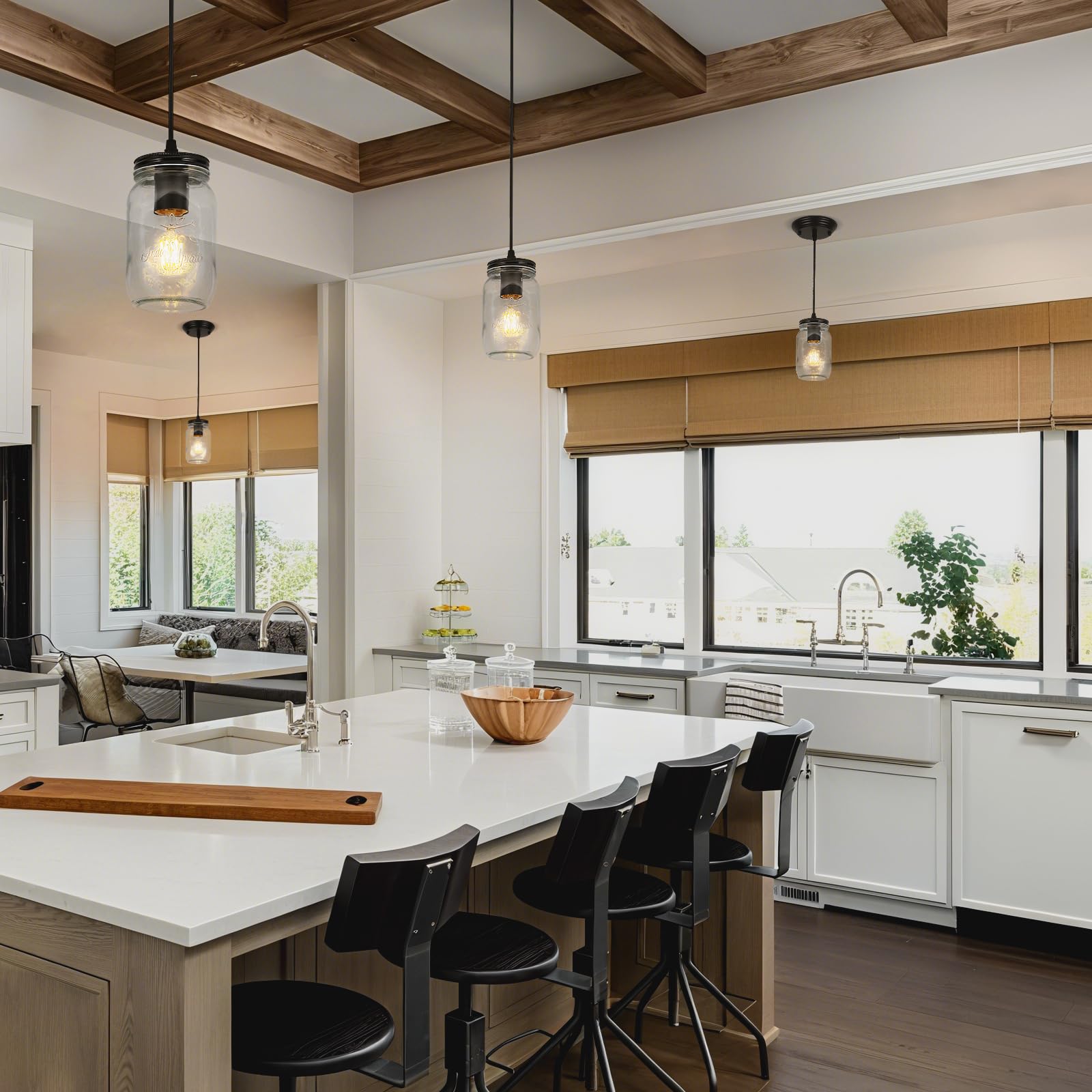 UShe DHome Black Pendant Lights, 2 Pack Clear Glass, 2-Light, D 3.5in for Kitchen Island, Dining Room, Hallway