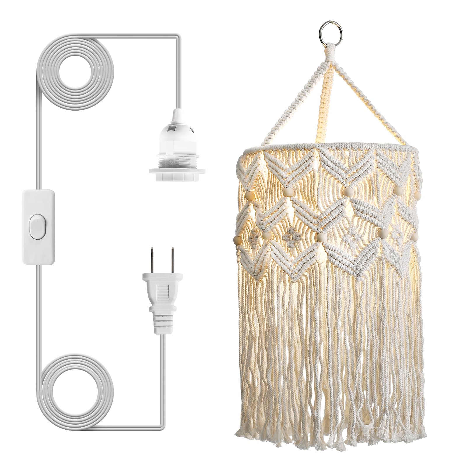 Bioaqua Macrame Pendant Light Shade, Handmade Cotton Lamp Shade, Type 2, Boho Hanging Light for Living Room/Bedroom