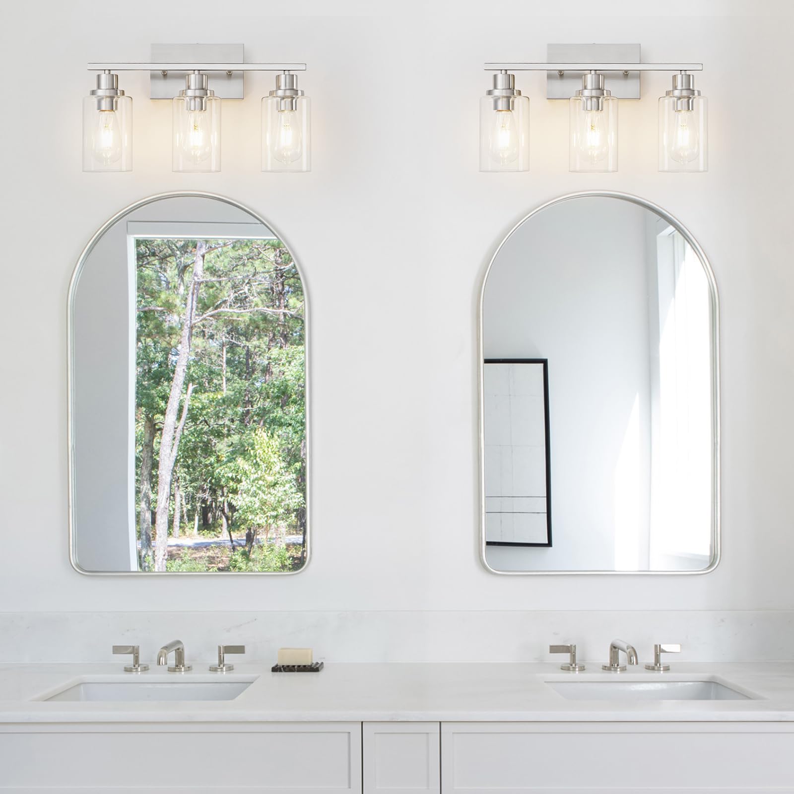 HCCZ 3 Light Bathroom Light Fixtures Brushed Nickel Vanity Light Over Mirror Modern Farmhouse Glass Shade Sconces Model 800-100-1076