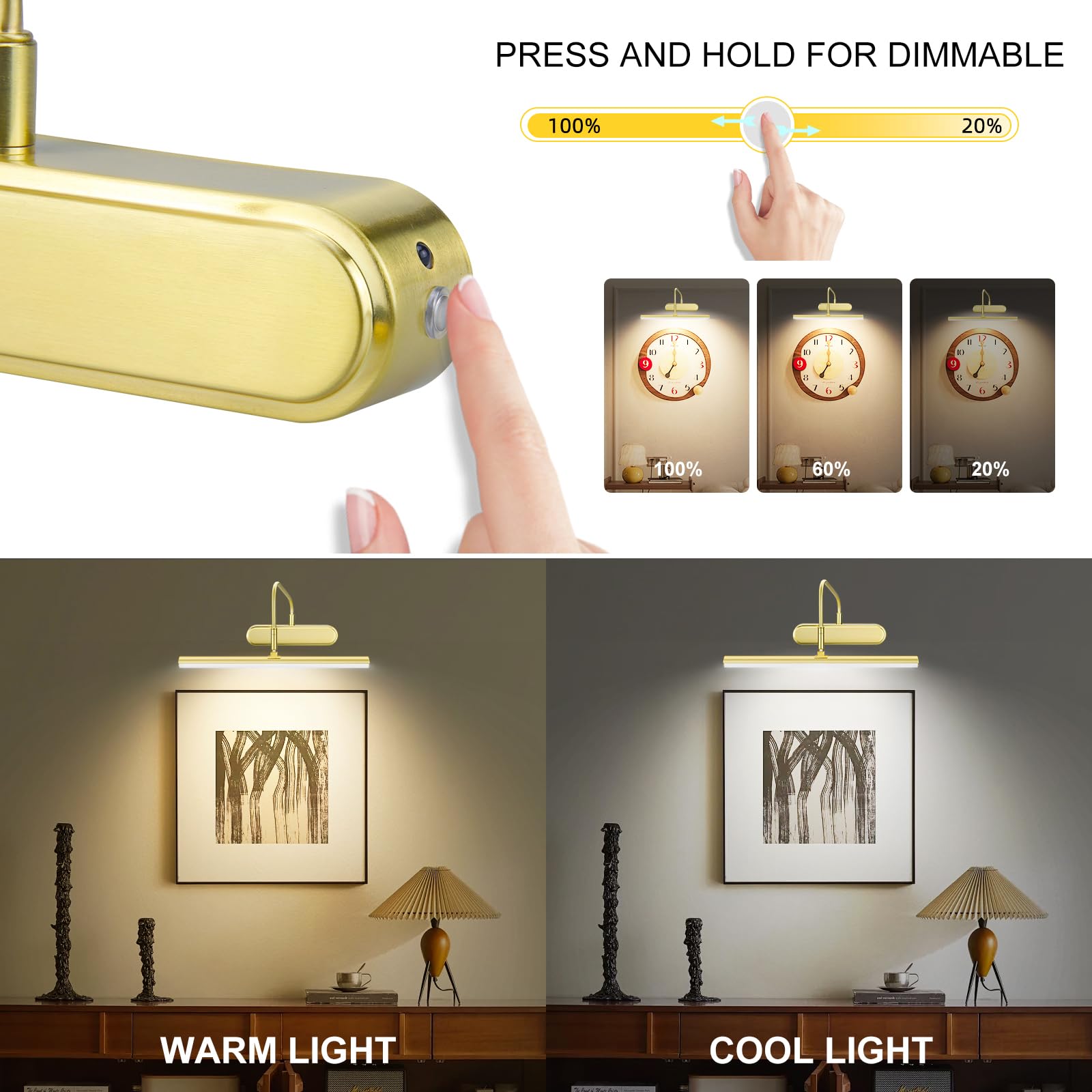 RAIFOOLLY Picture Light, Wireless Art Lighting, Remote Control, 12 inch, Brass, Model RF00300