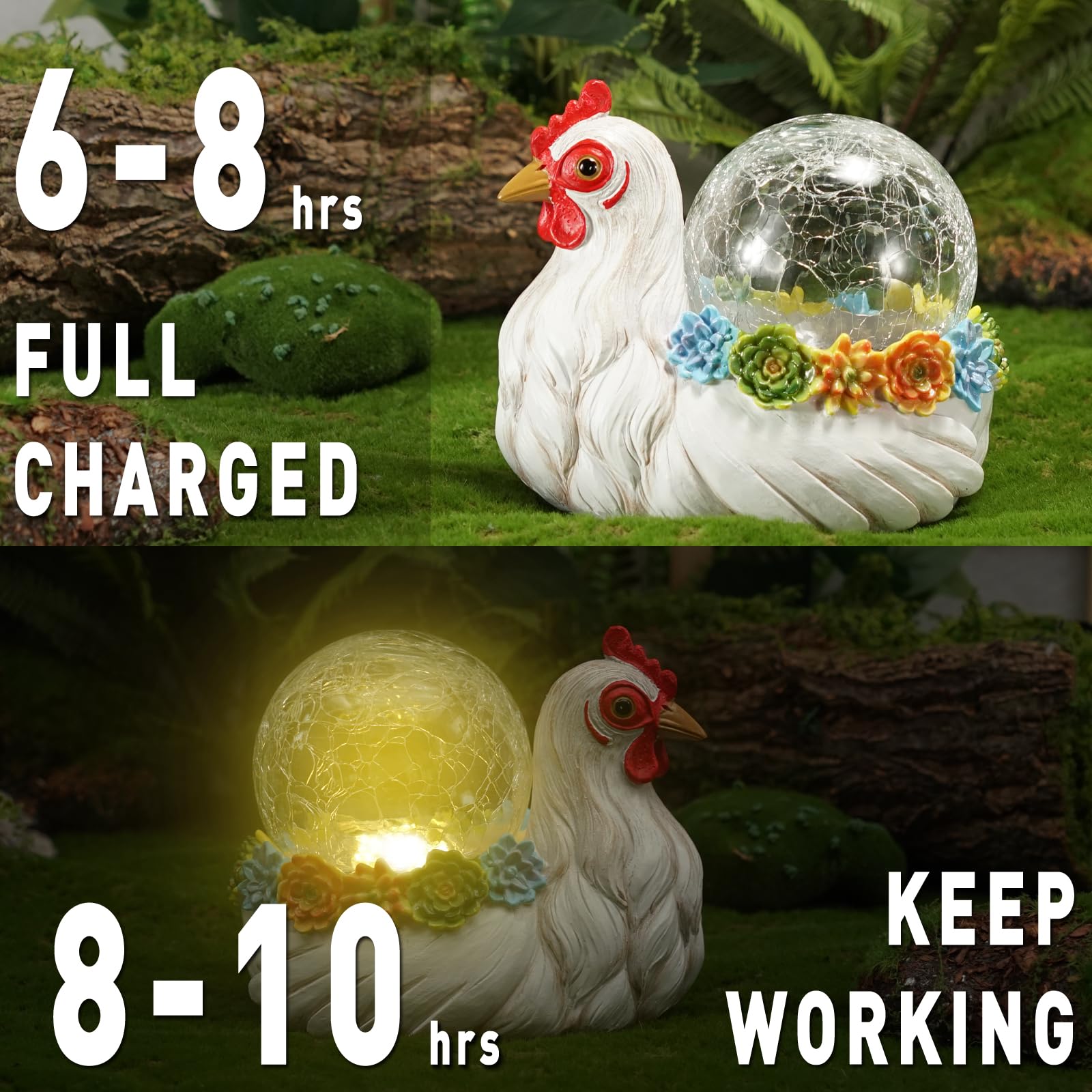 Vasesun Solar Chicken Garden Statue Lights For Outdoor Decor With Cracked Glass Led Rooster Figurine Lighting Resin Succulent He