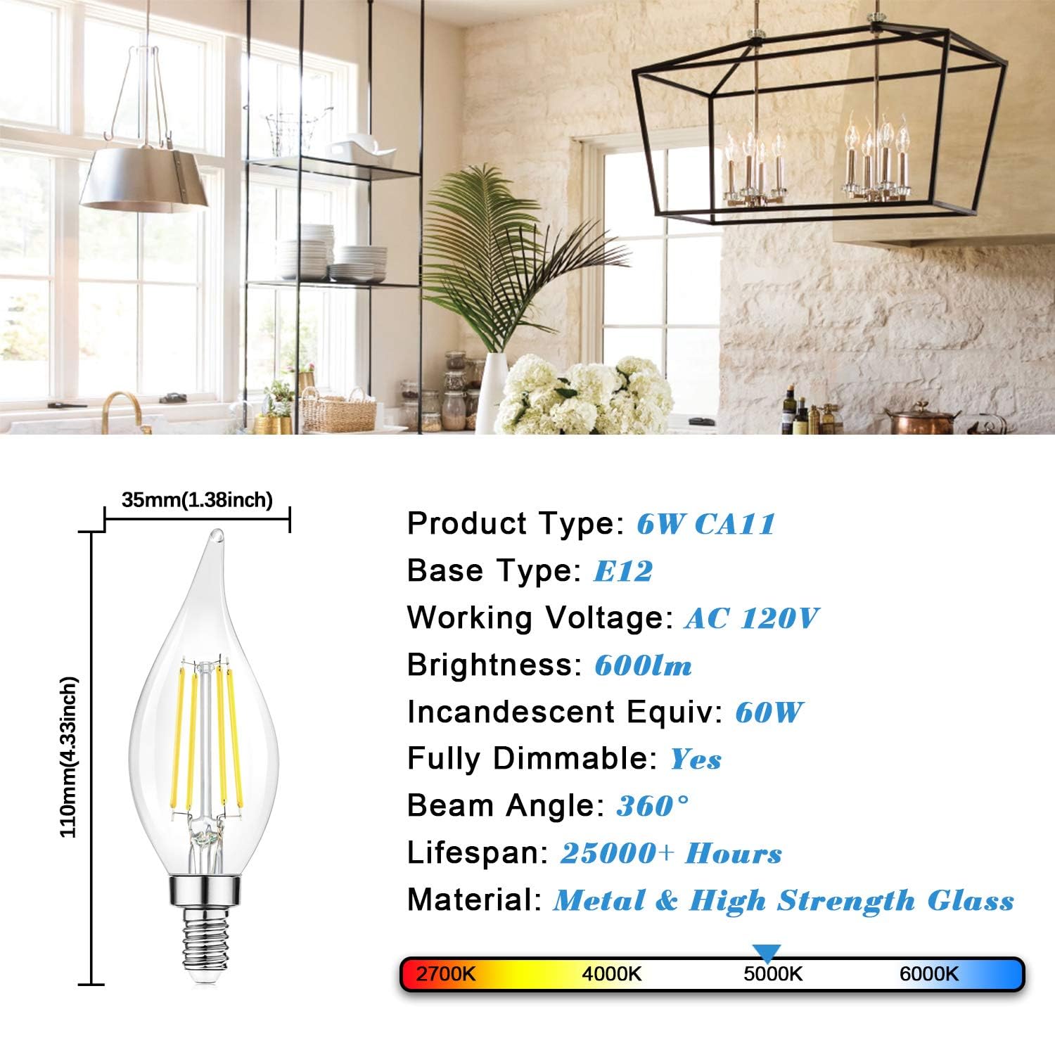 Tobusa Dimmable E12 Candelabra Led Bulbs 60 Watt Incandescent Equivalent, 5000K Daylight White, Clear Led Chandelier Light Bulbs