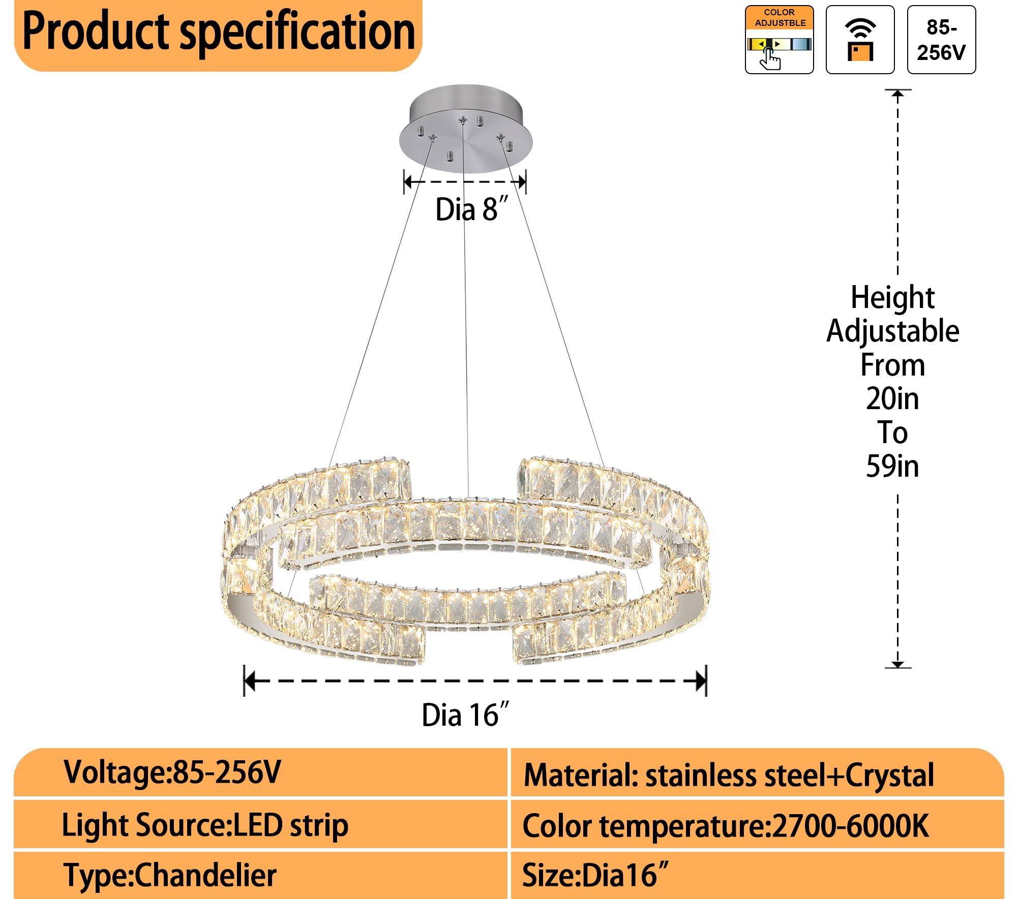 IDEQUY Crystal Chandelier Pendant Lighting, Dimmable LED, Silver, Ceiling D32"+D24"+D16", Model CF8014-XD468