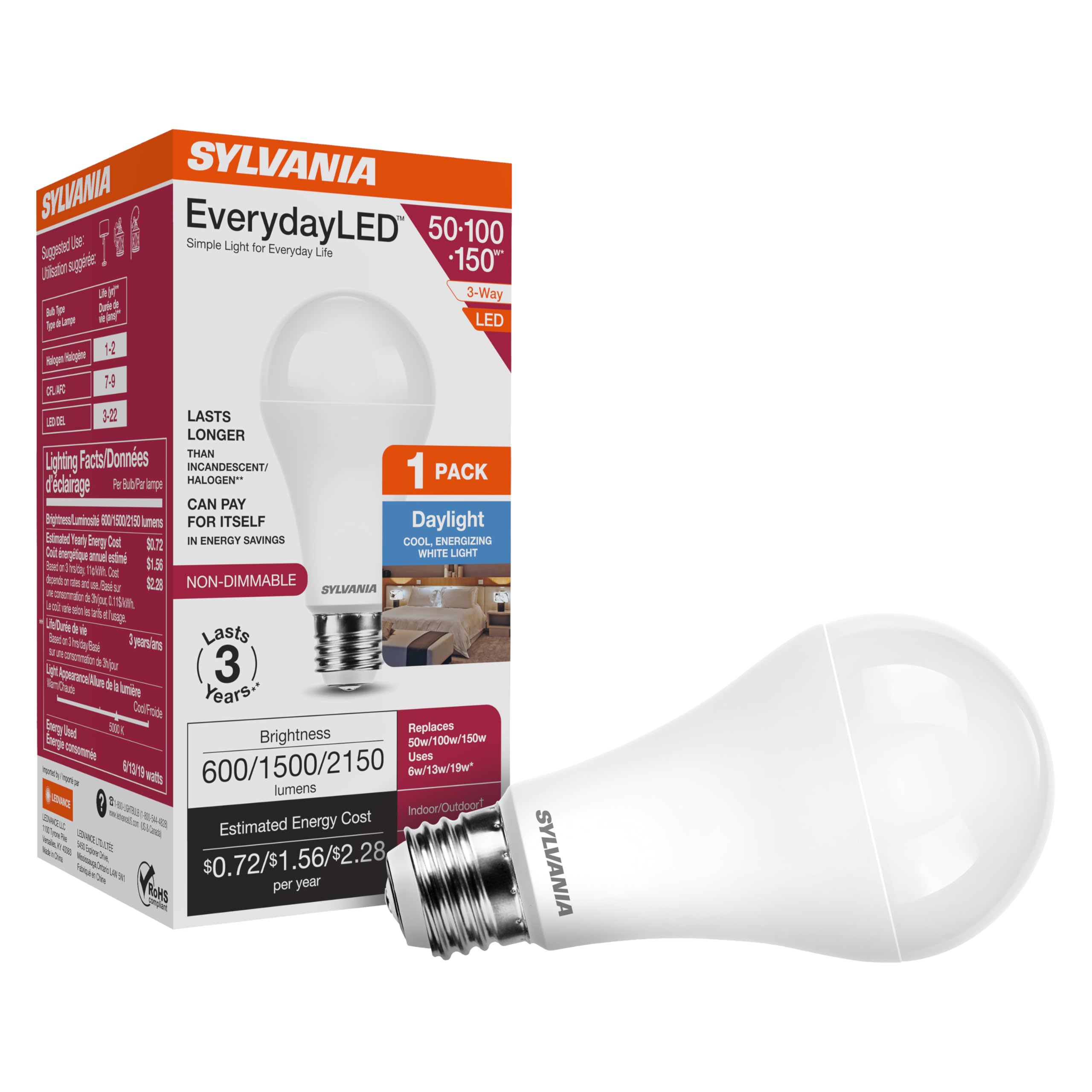 Sylvania 3-Way 6/13/19W Everydayled A21 Led Light Bulb, 600/1500/2150 Lumens, Non Dimmable, 80 Cri, 5000K, Daylight - 1 Pack (42