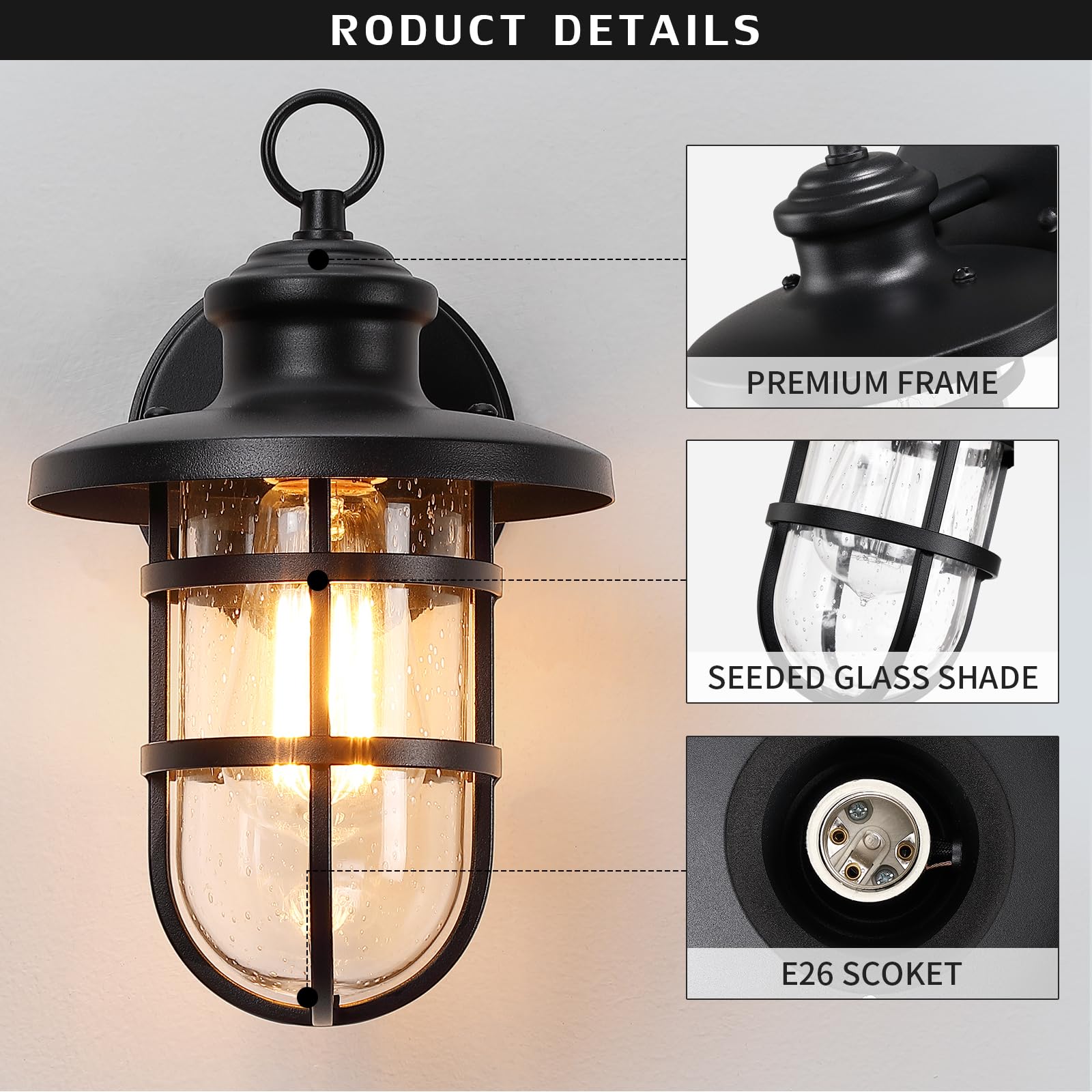 Yklitg 2 Pack Porch Light Outdoor Wall Mount, Outside Wall Sconce Lighting Fixture With Seeded Glass, Sand Black Waterproof Exte