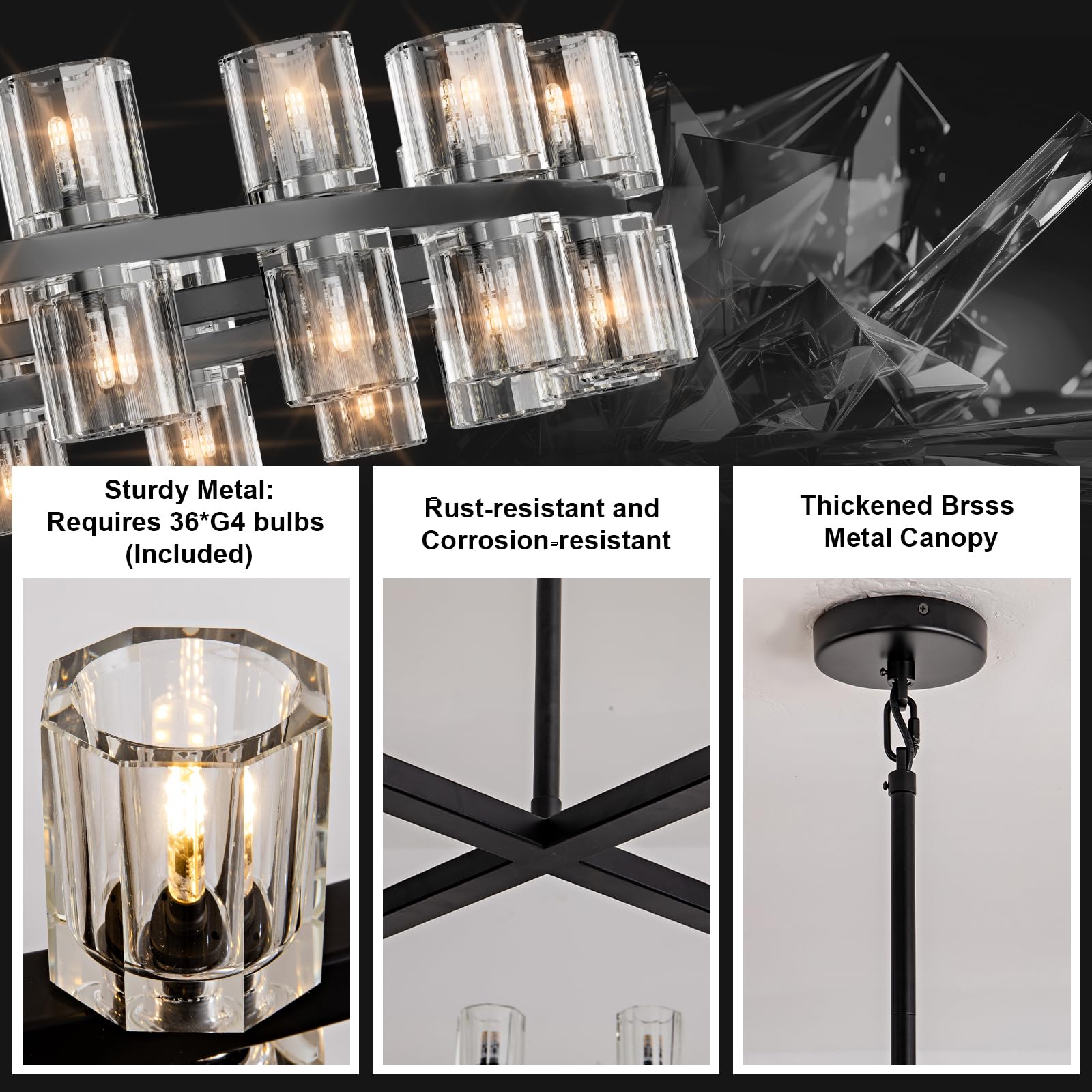 Plsintly Modern Black Crystal Chandelier 36" K9, Metal & Crystal, Ideal for Dining Room, Living Room, Foyer, Model PLS-M-236