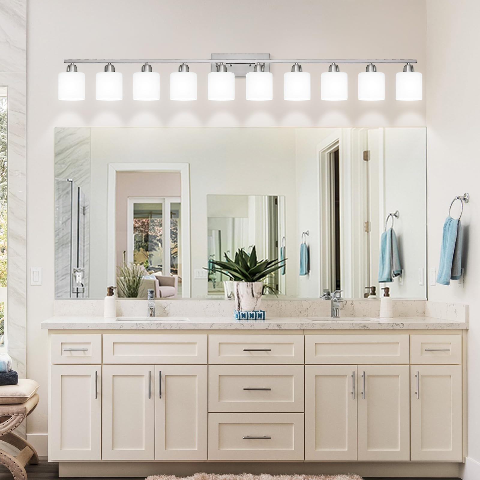 FAISHILAN 10-Light Brushed Nickel Bathroom Vanity Light, 65 inch Wall Lamp with Milky White Frosted Glass Shades, Model FSL-212--NBN-10