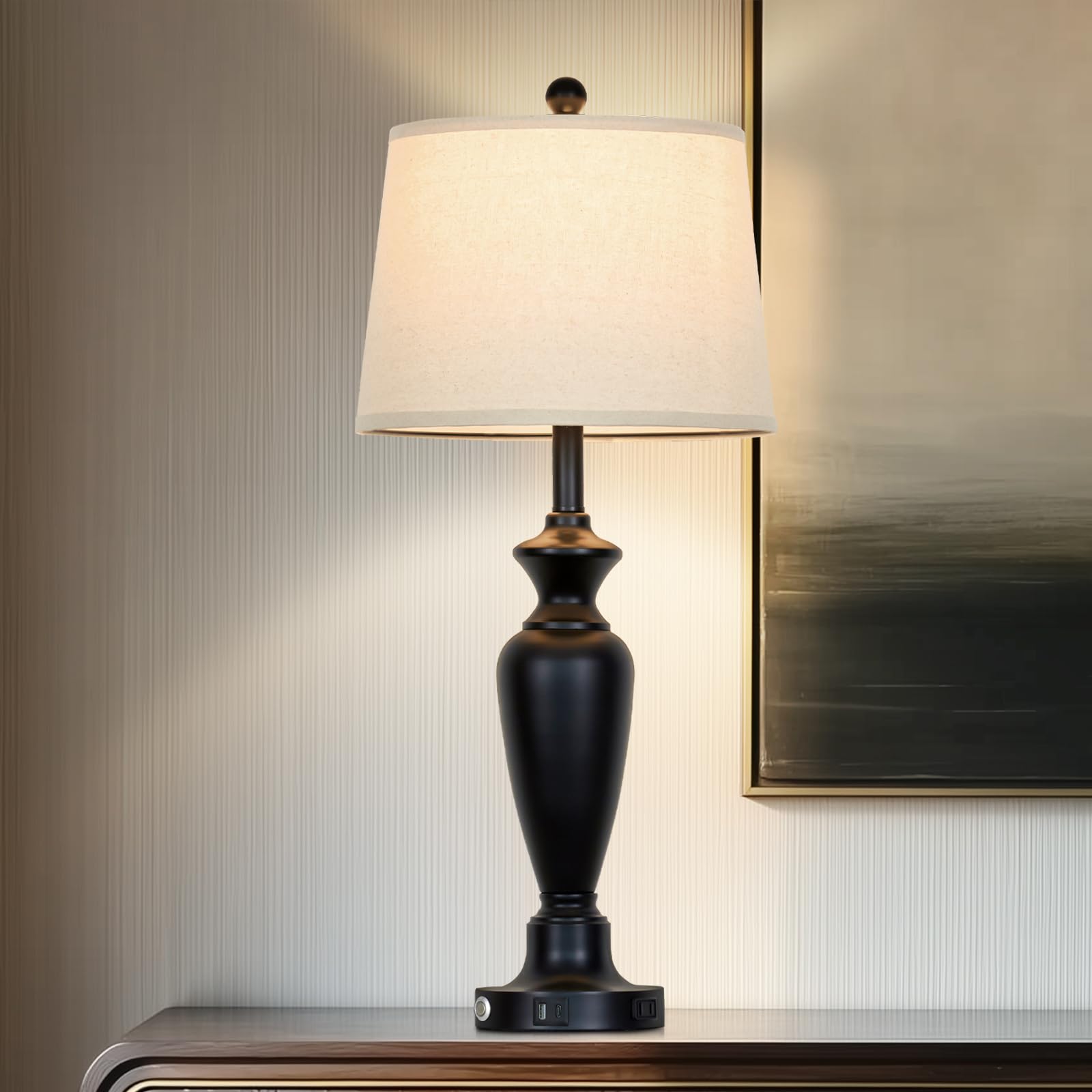 Cinyirong 30 Tall Black Table Lamp, 3-Way Dimmable Touch Control Bedside Lamp with USB A+C & AC Outlet for Bedroom, Living Room 