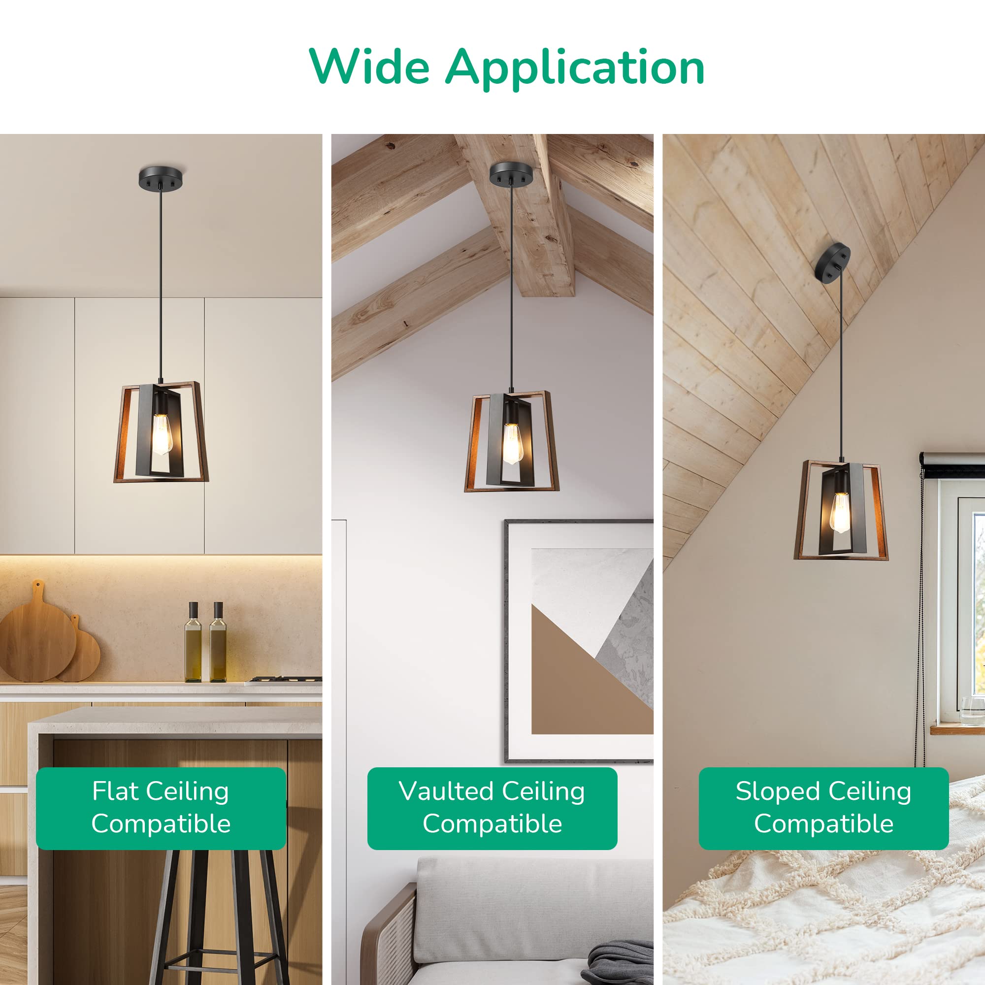 EDISHINE Island Lights for Kitchen, Black Kitchen Island Lighting with Wood Grain Finish, Adjustable Farmhouse Pendant Lights fo