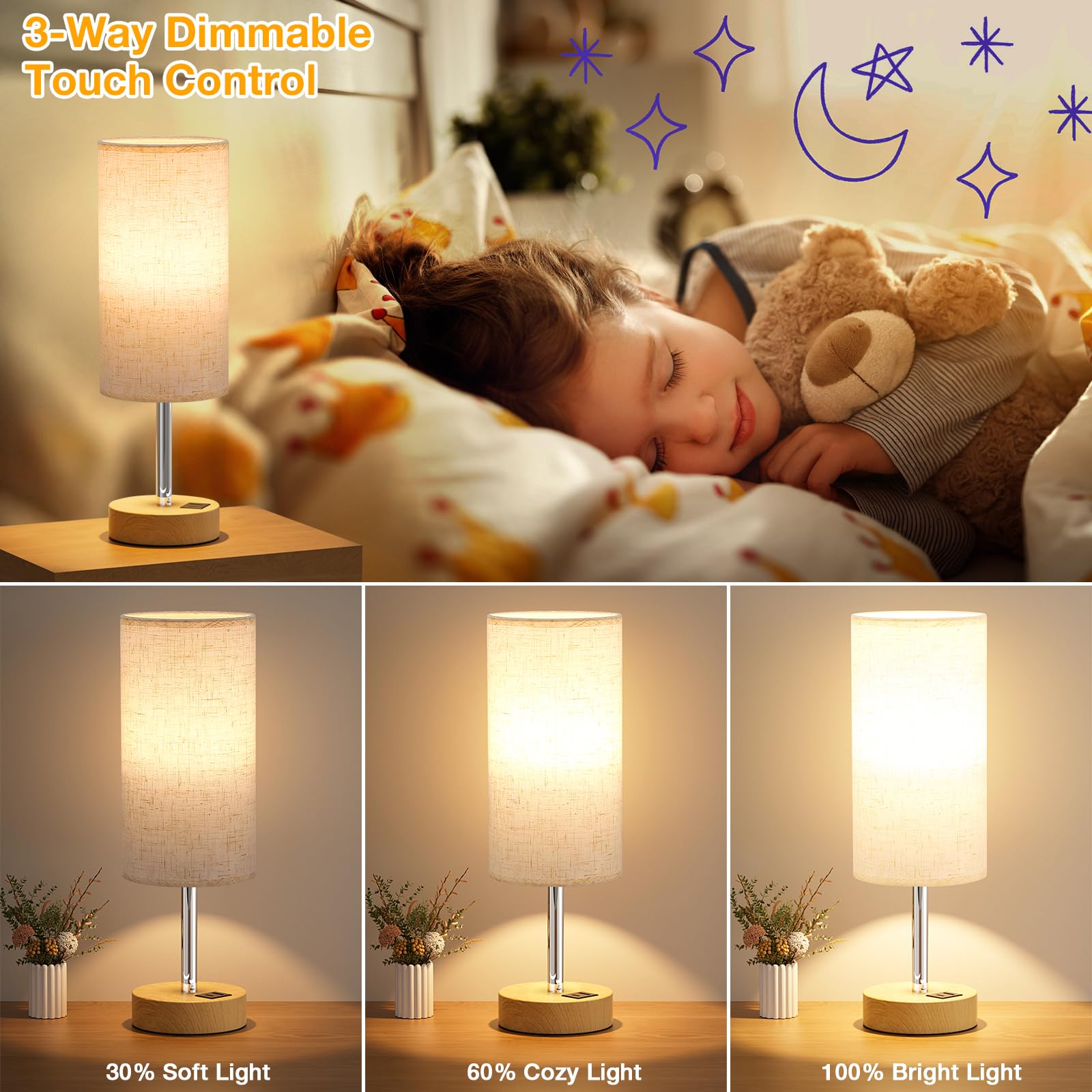 Touch Bedside Lamps Set Of 2-3 Way Dimmable Table Lamps For Bedroom, Nightstand Lamp With Wooden Charging Station For Kids Room