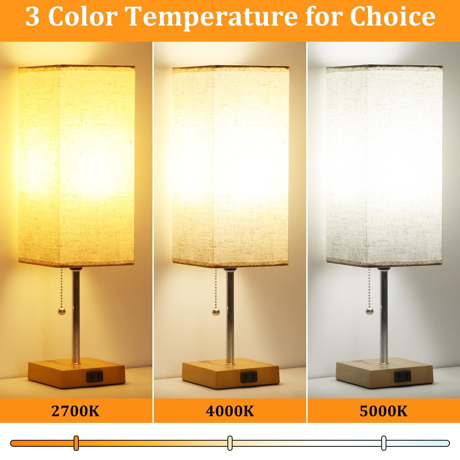 Dott Arts Table Lamp Set of 2, 18in Wood+Cream, 3-Color Bedside Lamps with Pull Chain and AC Outlets, Model PTL6W-024