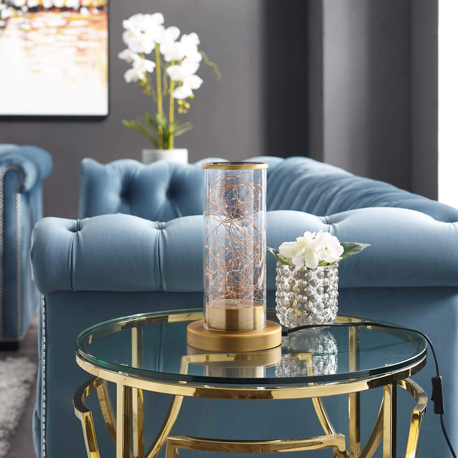 Modway Adore Cylindrical Shaped Clear Glass and Brass Bedside Lamp, Desk Lamp or Table Lamp