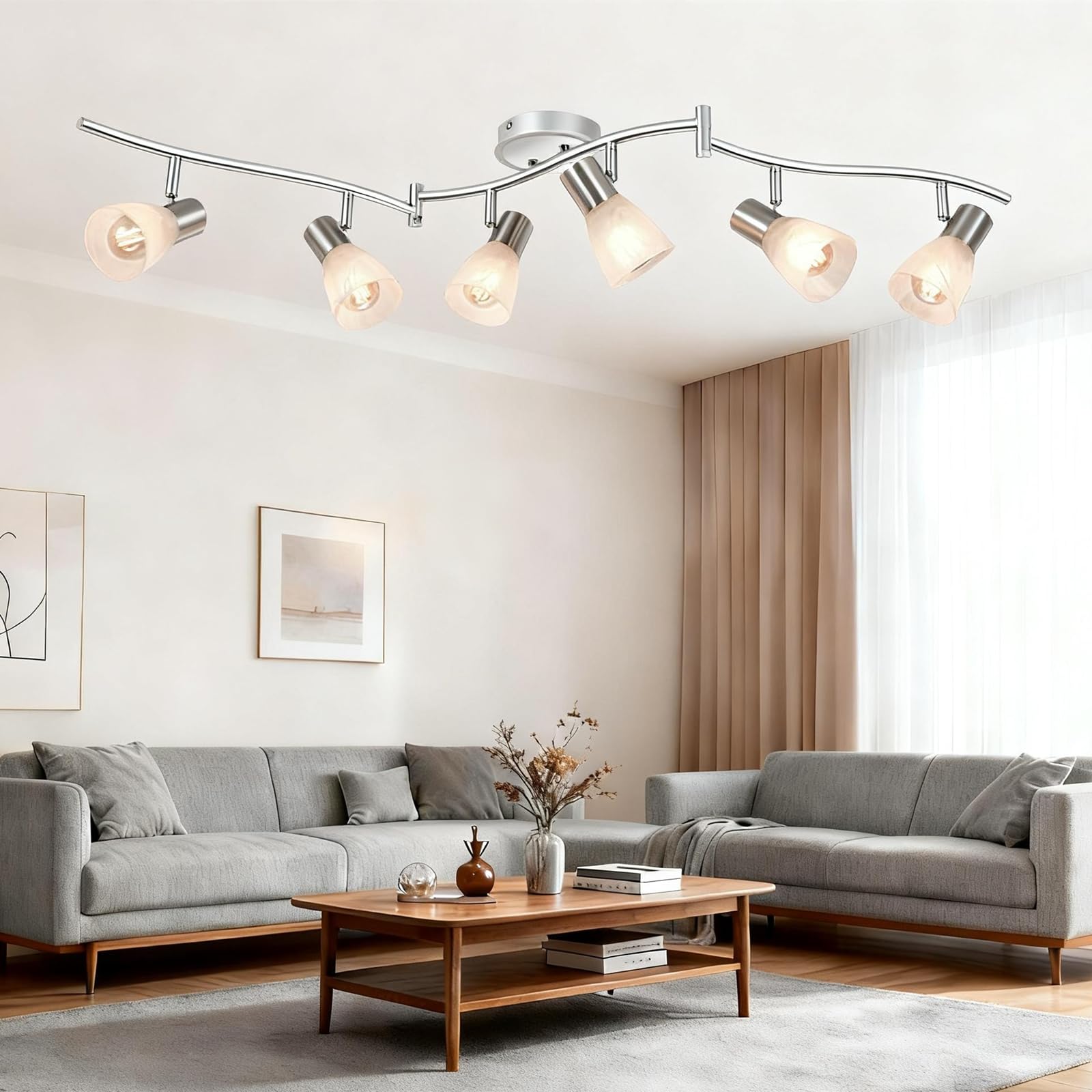 HiBay 6-Light Adjustable LED Ceiling Track Lighting, Metal Spotlights with Glass Shade, Includes 6x 4W E12 Bulbs, Modern Design