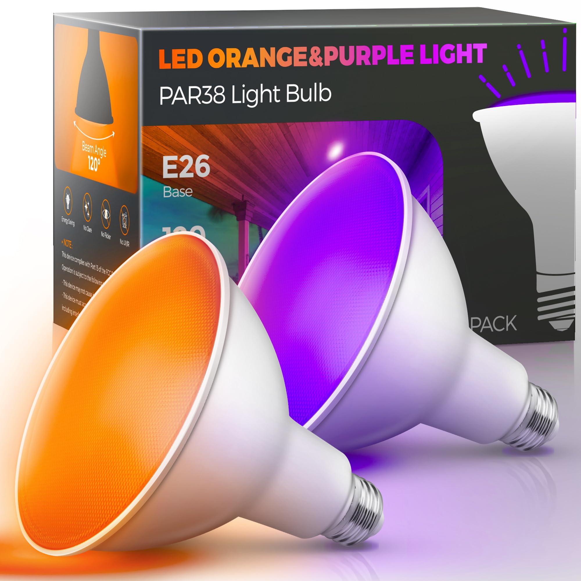 Lohas Orange Purple Halloween Flood Light Bulbs, Par38 Led Flood Light Outdoor 100W Equivalent, 15 Watt Colored Porch Bulb, E26 