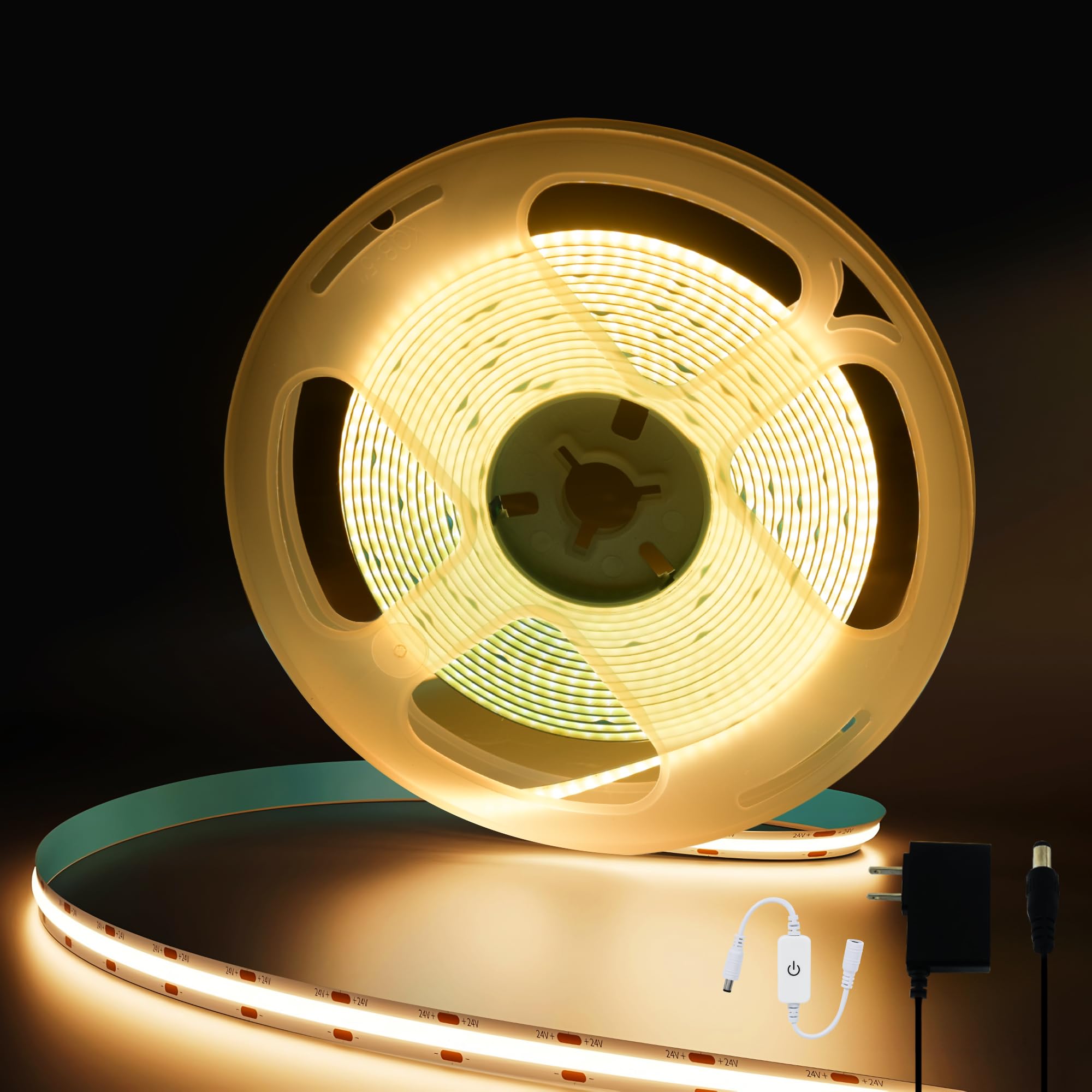 LED Band Lights 16.4Ft Warm White Light 3000K Dimmable 24V COB Super Bright LED Band Lights Suitable For Bedroom  Cabinet  TV lights and Home Indoor Decoration led tape lights( With Power Adapter )