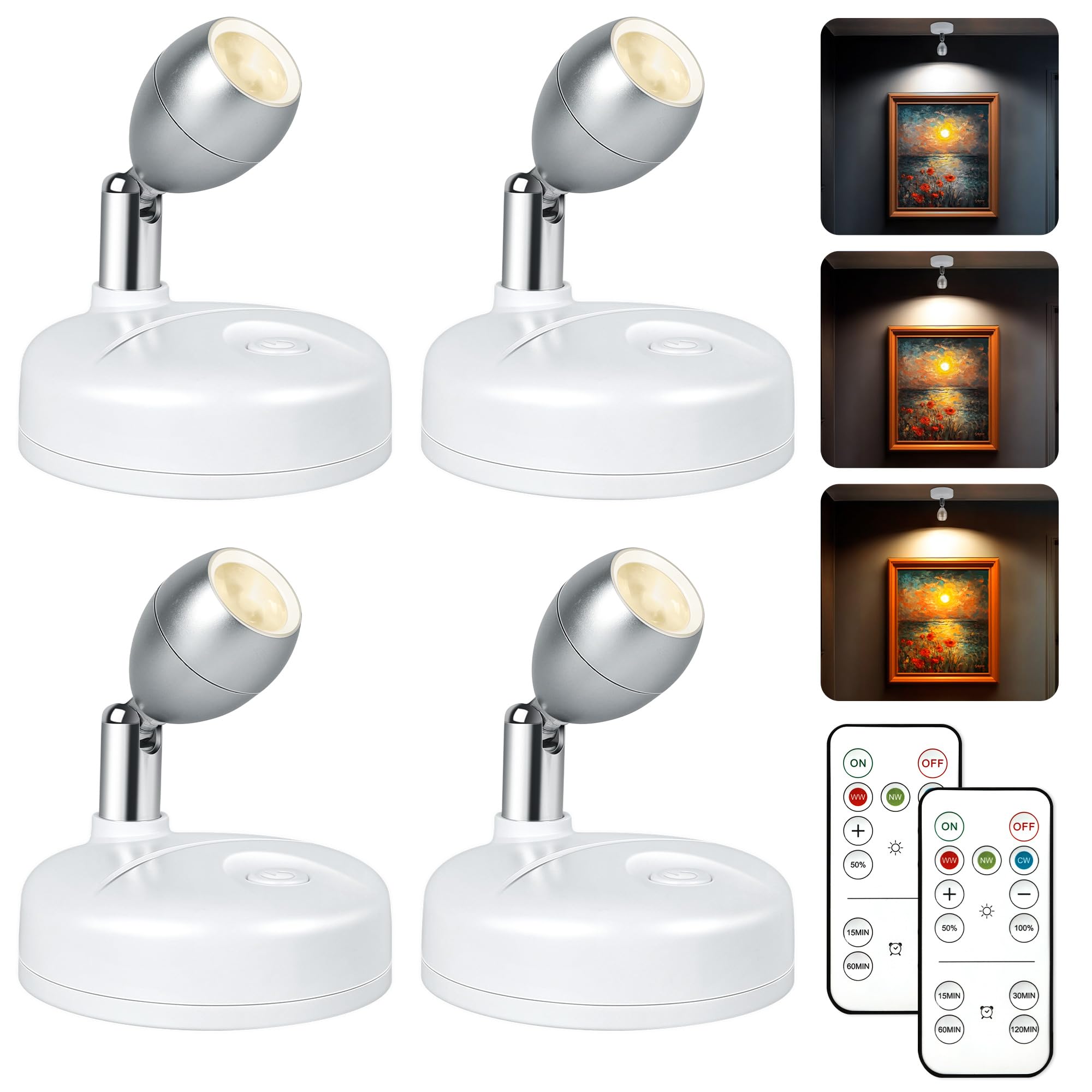4 Pack Wireless Spot Lights Indoor, Battery Operated Uplighting, Mini Spotlight with Remote 3CCT Tree Lights Indoor, Accent Wall