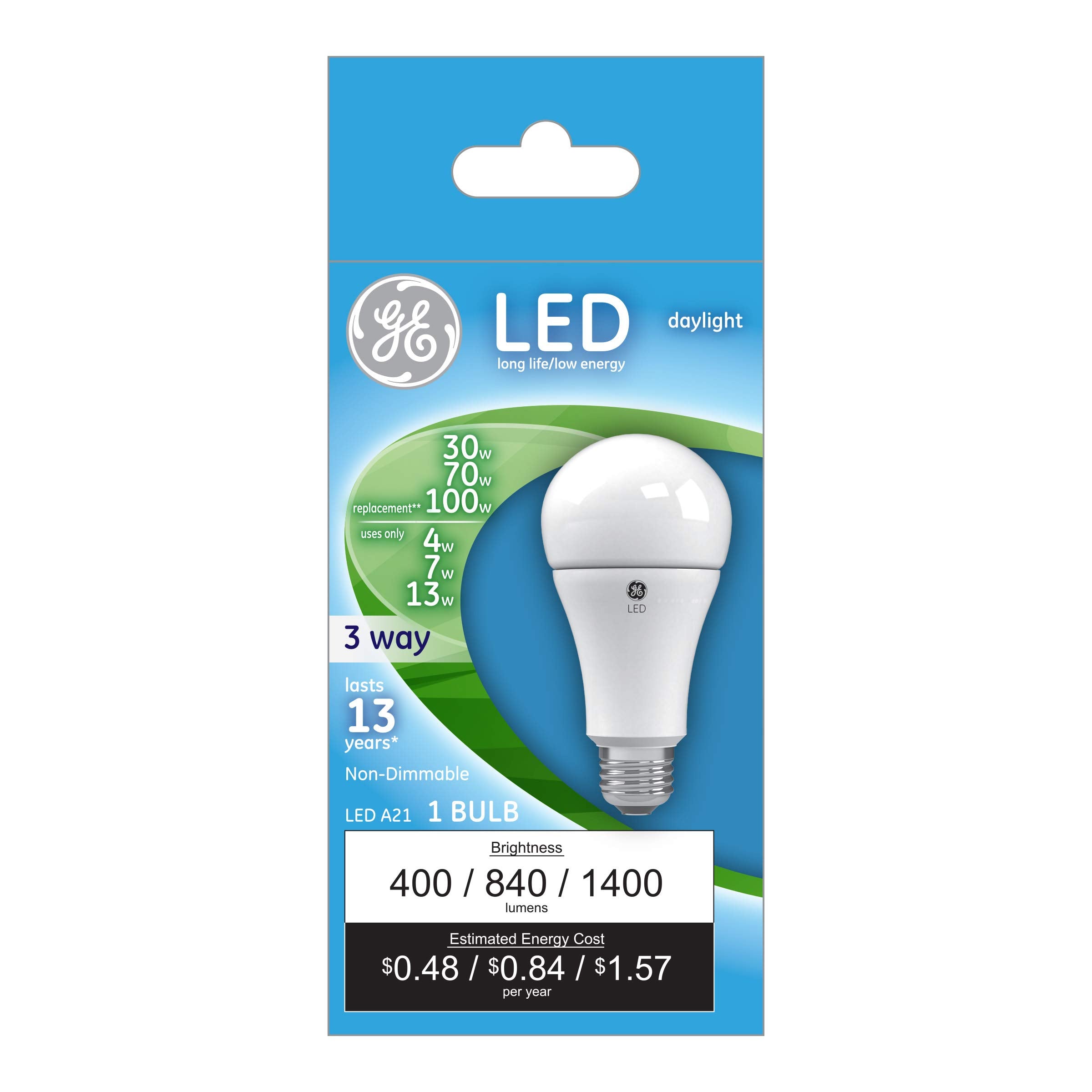 Ge Lighting 24096 Daylight Replacement A21 Bulb Medium Base, 3-Way Led 30/70/100-Watt, 1 Count (Pack Of 1)