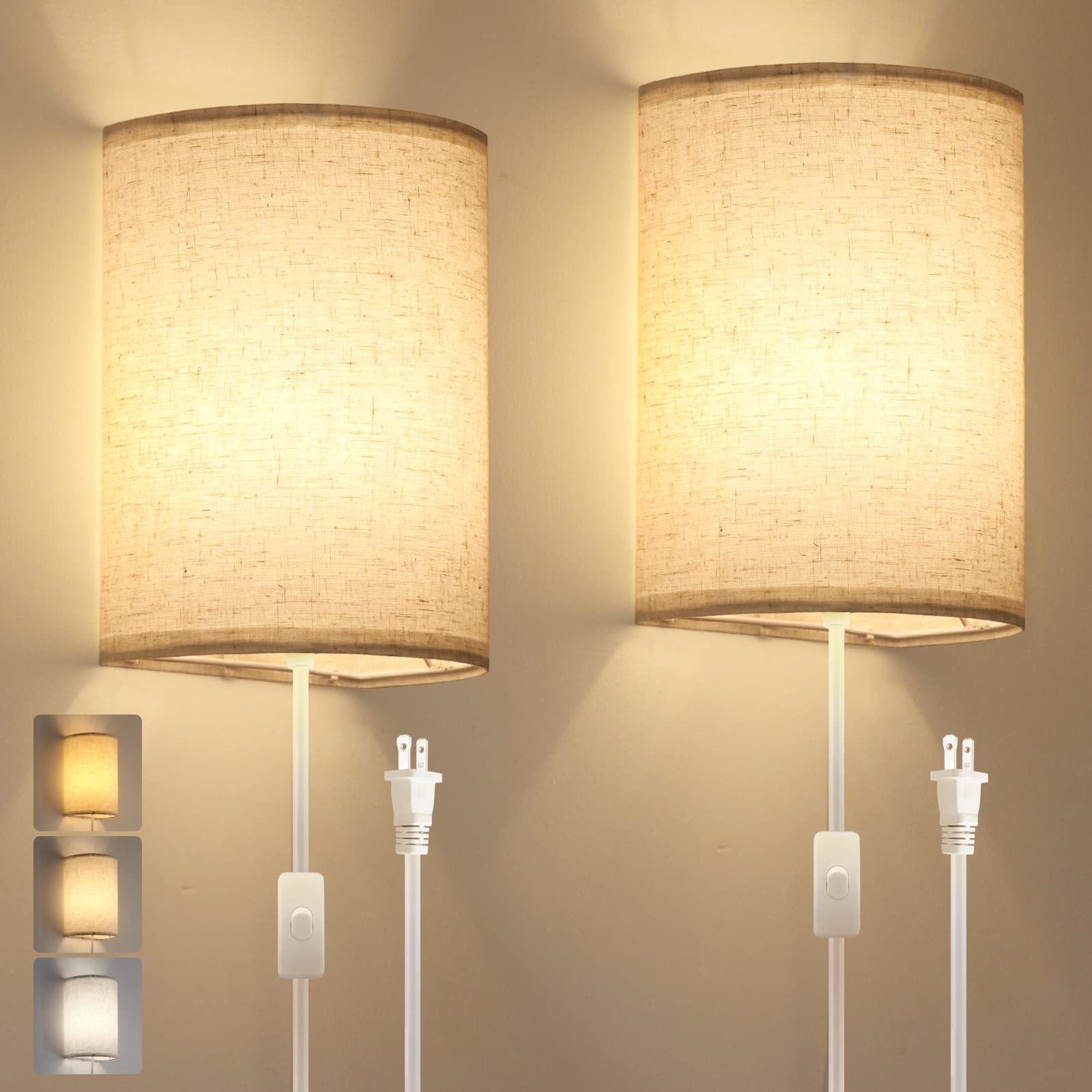 Beser?Win Plug in Wall Sconce Set of Two, Rustic Fabric Lamp with On/Off Switch, Beige