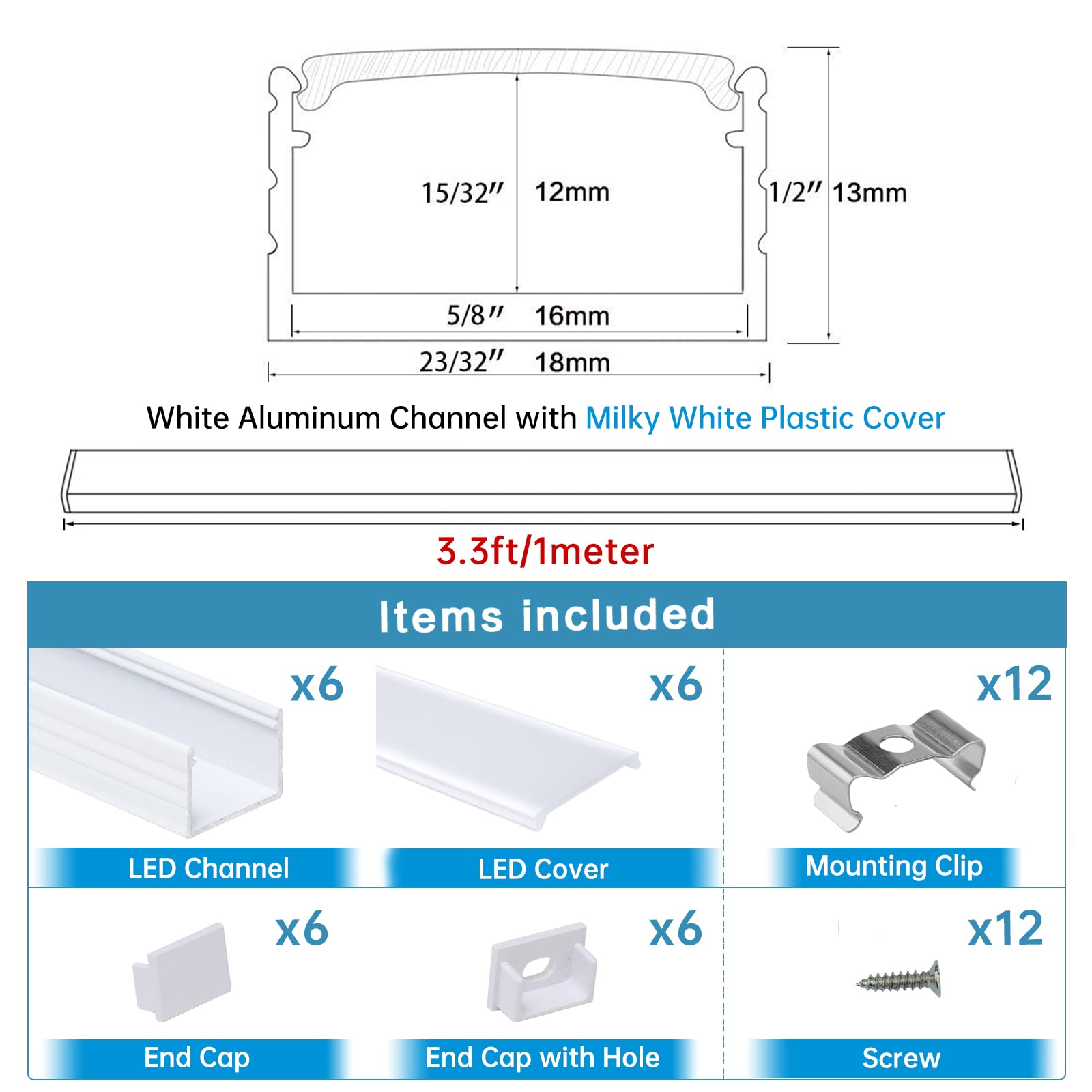 Muzata 6Pack 3.3Ft/1M Plus-Size Spotless Led Channel White Aluminum Led Strip Diffuser Channel With Milky White Cover U103 Hw 1M