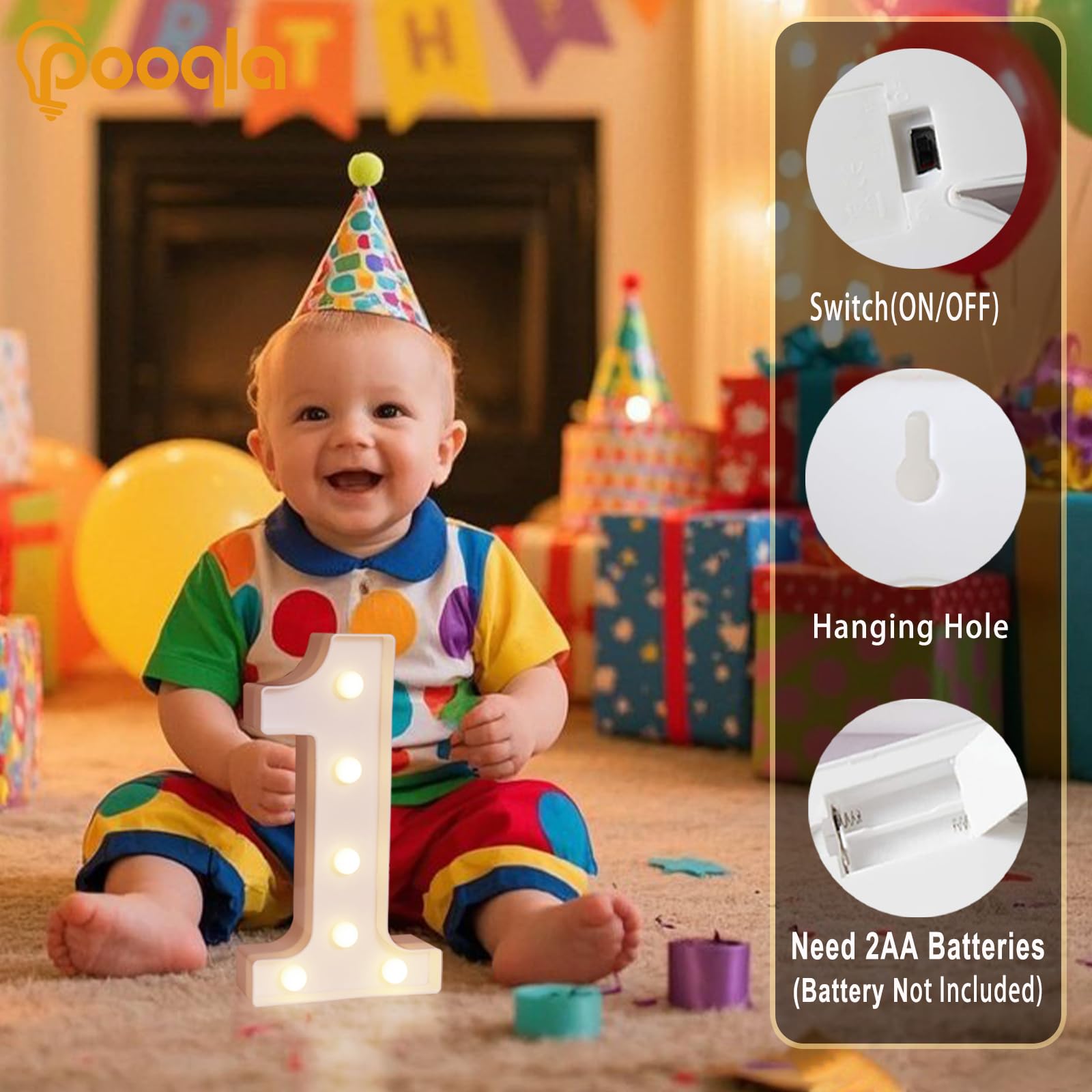Pooqla LED Decorative Number Light Sign, White Plastic Marquee, Battery Operated, Size 1, Party/Wedding Decor