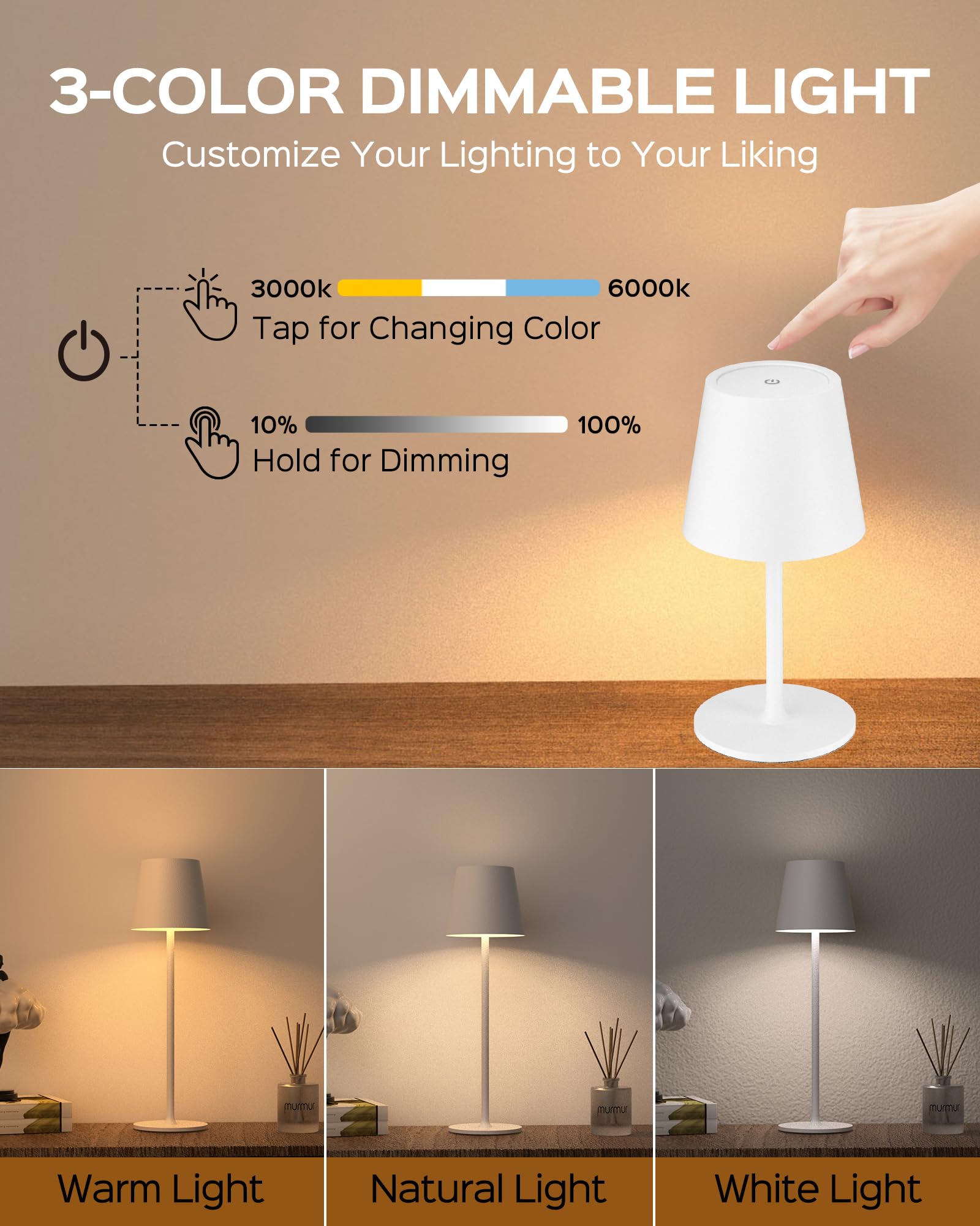 JACKYLED Cordless Table Lamps, Rechargeable 5000mAh Battery, 3 Adjustable Heights, LED Waterproof, 2 Pack, White