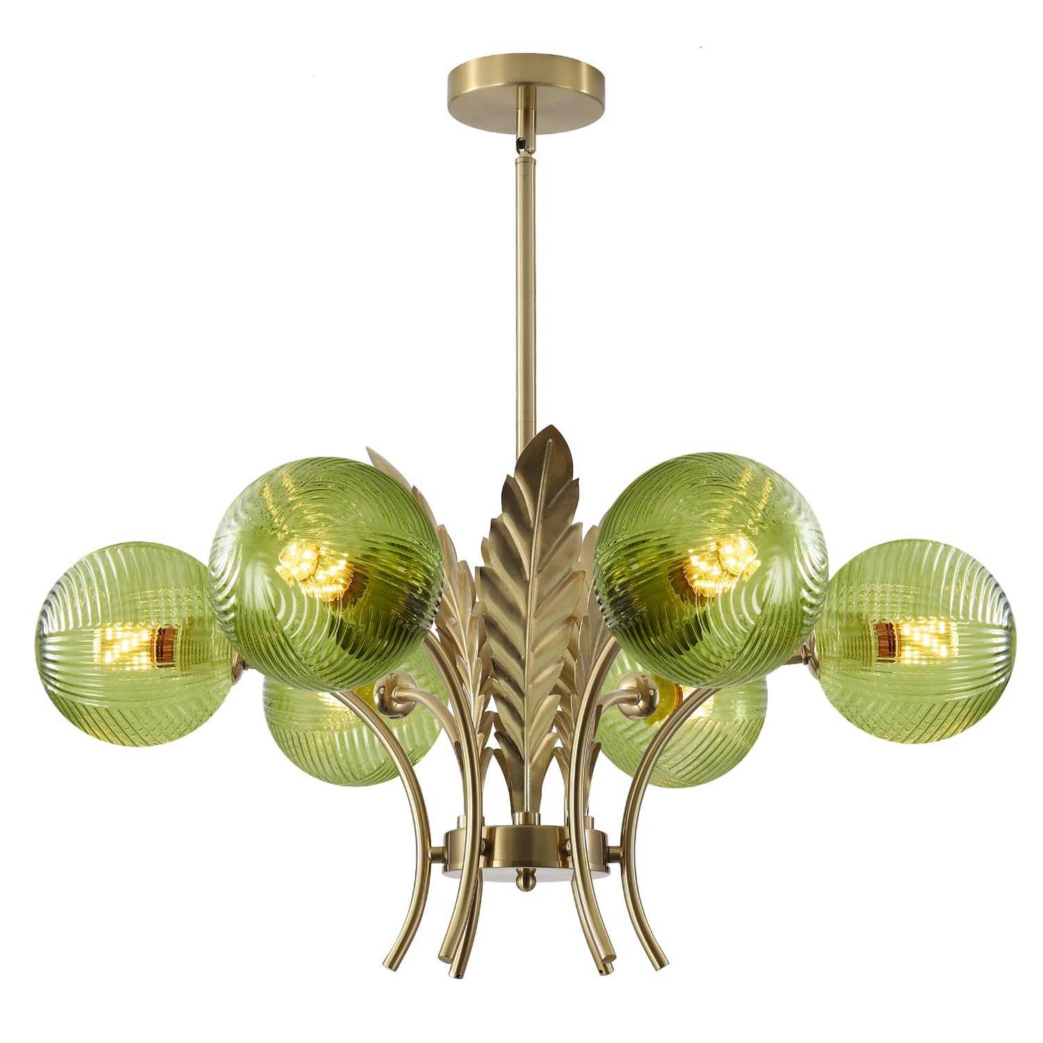 BOKT Brushed Brass Chandelier Gold Leaf 6 Green Glass Globe Hanging Pendant Light Fixture Classic Adjustable Height Medieval Spu