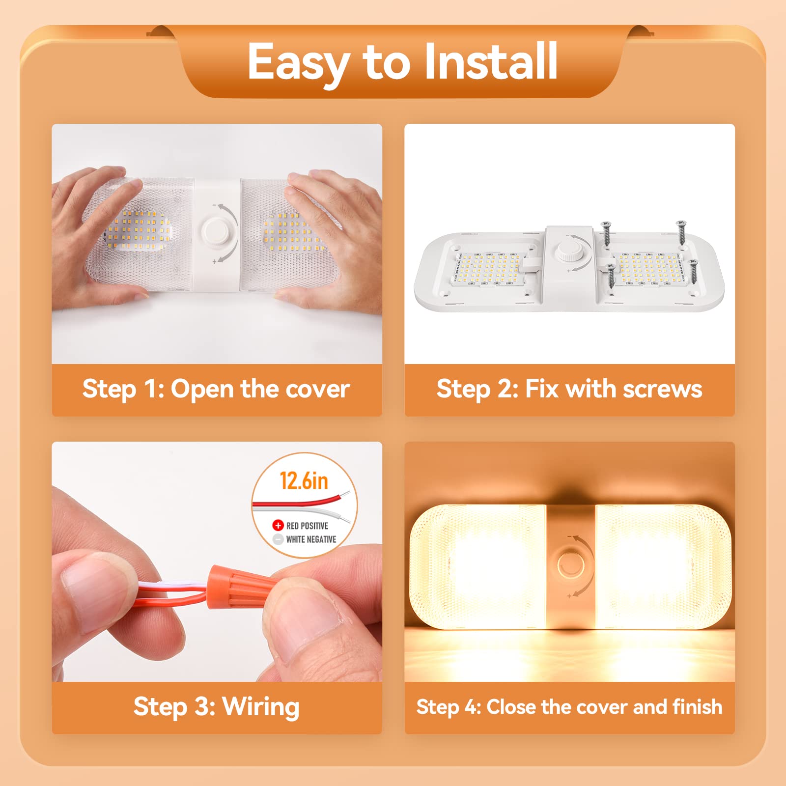 LILTSDRAE RV Lights Interior 1700LM LED Dome Light, 3 Color Options, 12V, 120 LEDs, Crystal Finish, 4PCS