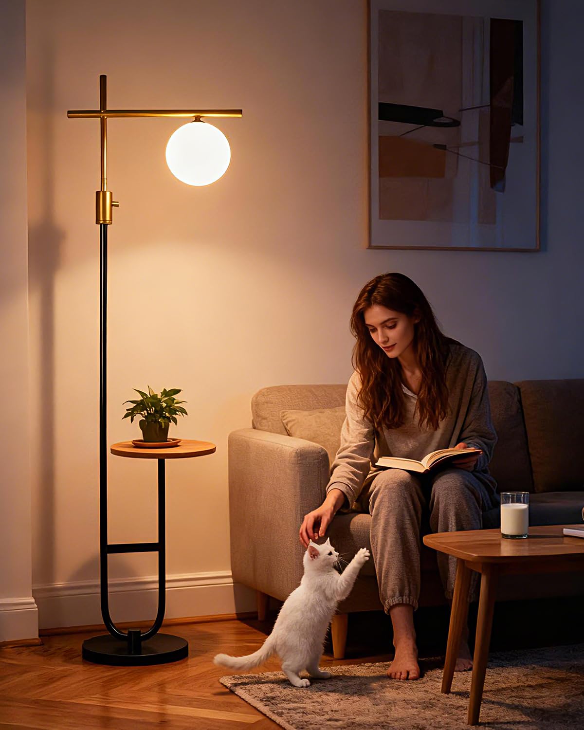 Lightdot 66IN Gold&Black Dimmable Floor Lamps with Table, Modern Standing Tall Lamp with Globe Shade, Cross-Shaped Head and U-Po