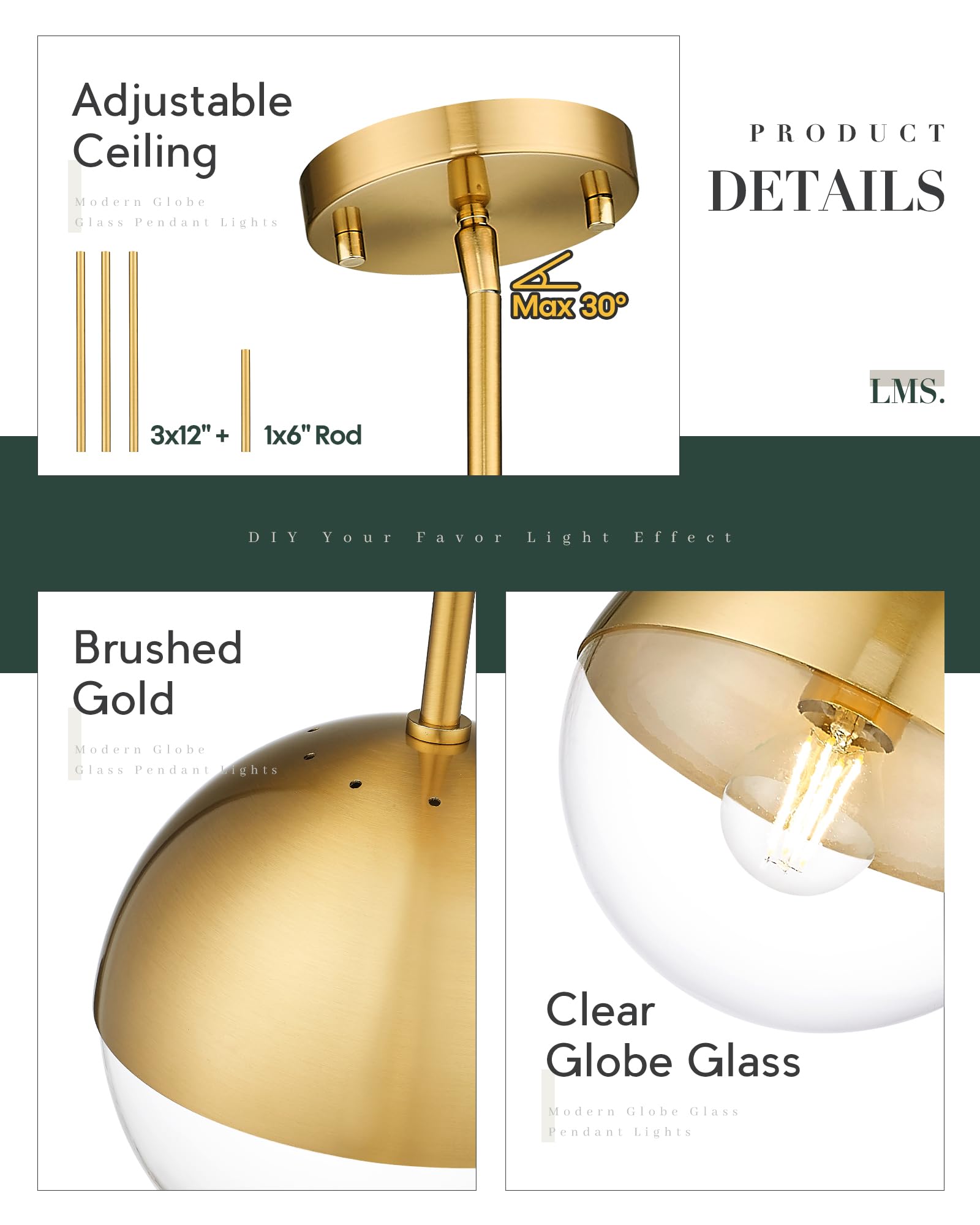 Lms Mid Century Pendant Light Fixtures, Brushed Gold Farmhouse Pendant Light With Clear Globe Glass Shade, Adjustable Hanging Ro