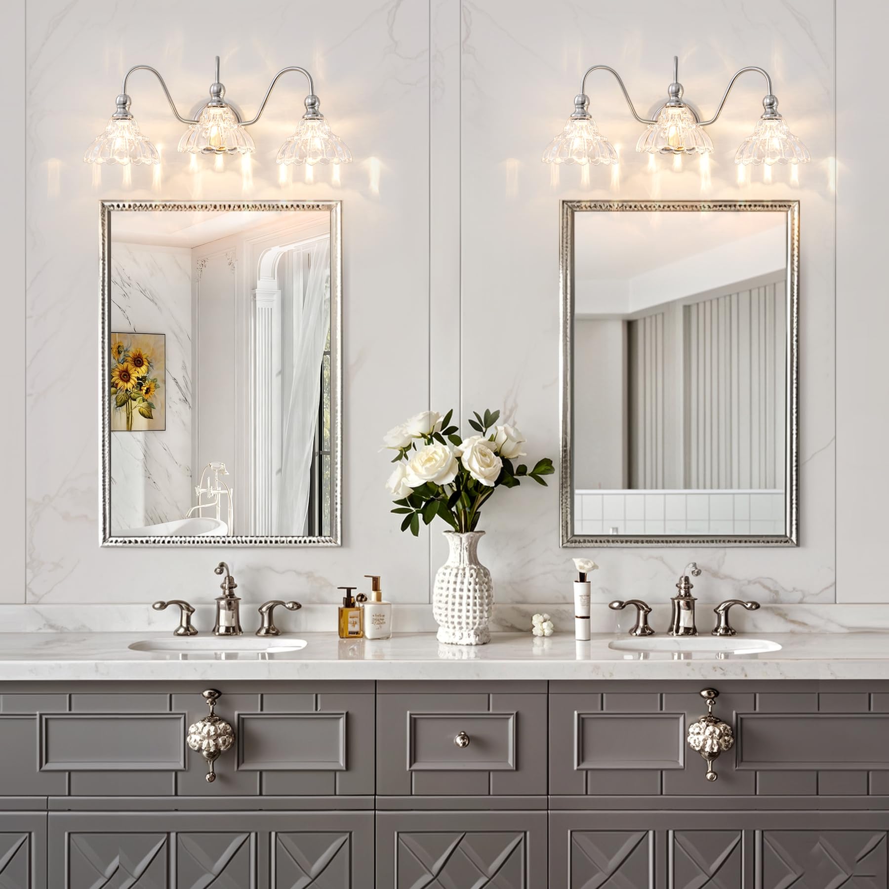 BrkNit 3-Light Vintage Bathroom Wall Sconce - Brushed Nickel with Flower Glass Shade, Farmhouse Vanity Lighting for Living Room, Kitchen, Hallway