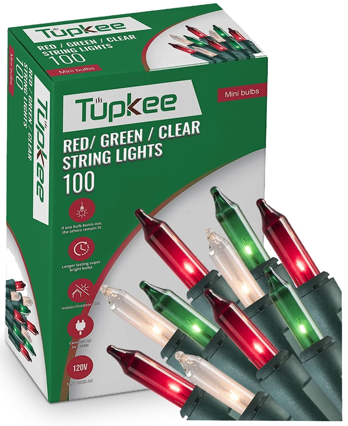 Tupkee Christmas String Lights 100 Count - Incandescent Mini Red, Green, and Clear Warm Christmas Tree Light - 20.5 Feet Light S