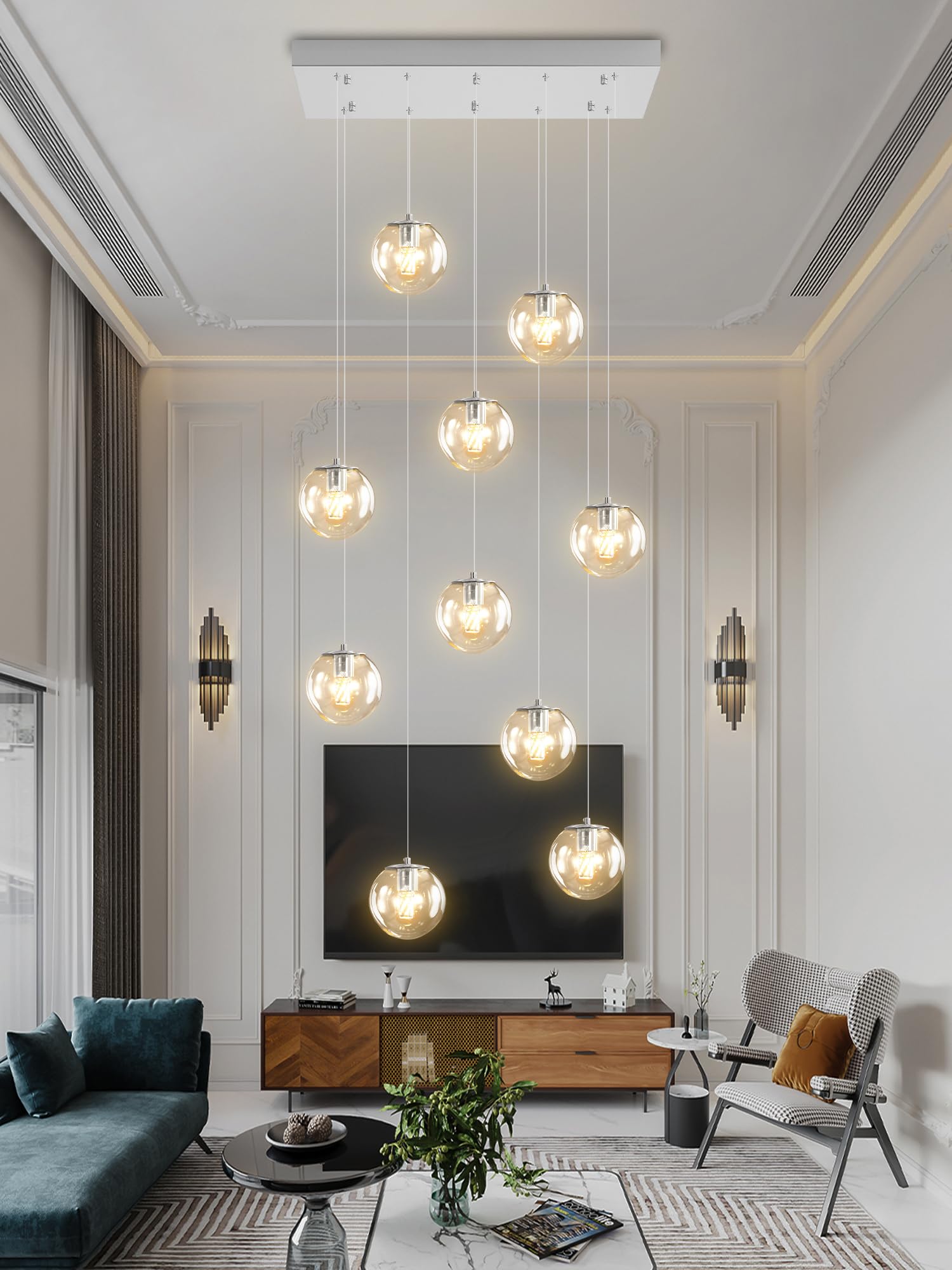 ykolupty Rectangle Chandelier 10-Light Clear Glass Ball Chandelier Dimmable Pendant Lights Large Chandeliers for High Ceilings, 