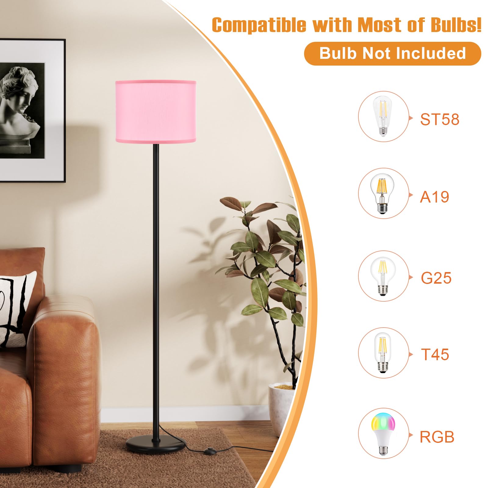 Ambimall 60'' Modern Floor Lamp With Shade, Tall Lamps For Living Room, Bedroom, Office, Dining Room, Pink Shade With Black Pole