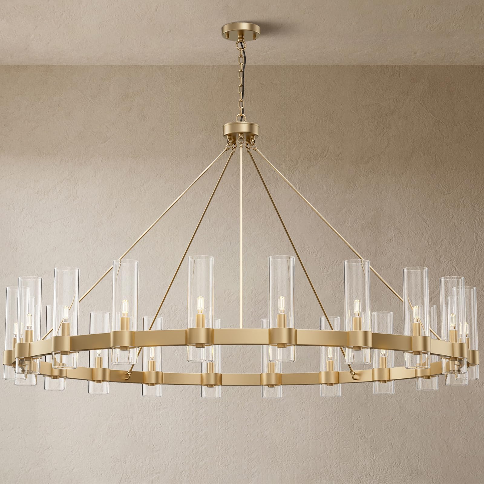 YIOSI 20-Lights Gold Chandelier,Wagon Wheel Chandelier with Glass Shade, 60 Inch Large Round Industrial High Ceilings Pendant Li