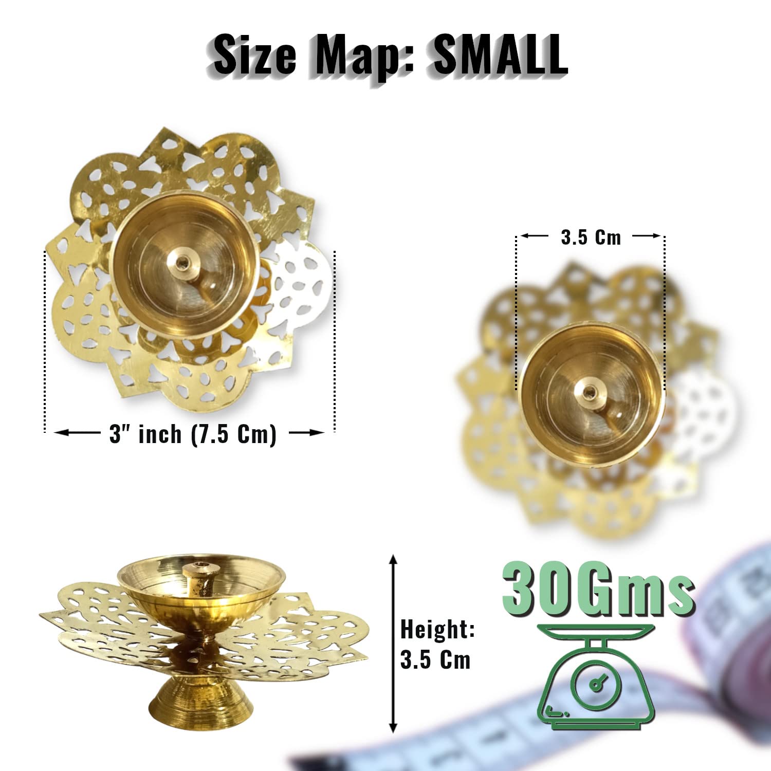 Lamina Decorative Brass Diya for Puja (Set of 1 Small 3inch Golden Round Star) Center Wick Holder Pital Akhand Deep Vilakku for