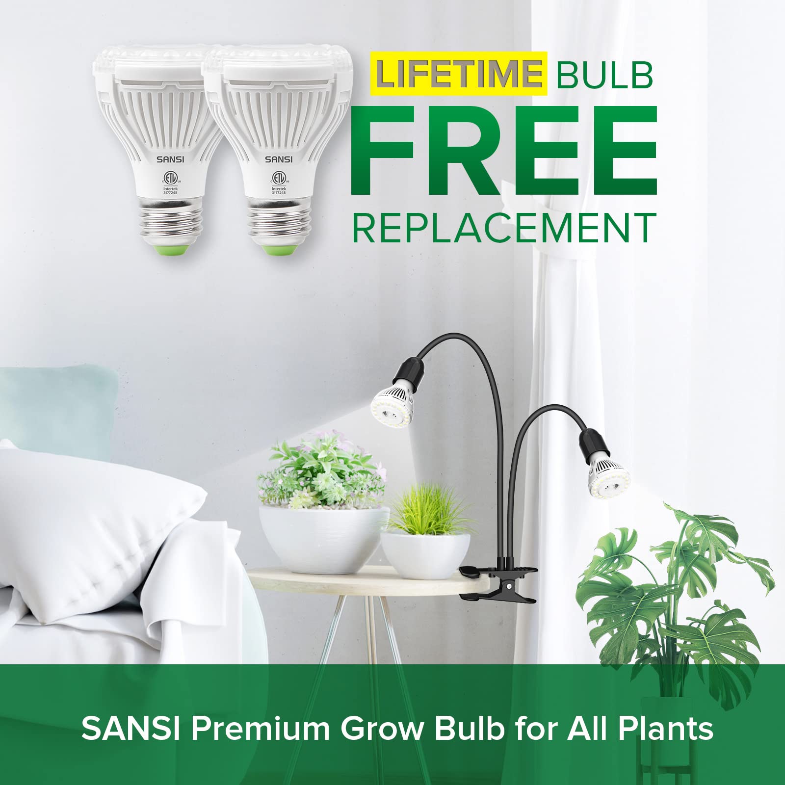 SANSI LED Grow Light, 300W Full Spectrum, Dual Gooseneck, Timer 4/8/12 Hrs, Black, Model C21GL-GE26-10W,