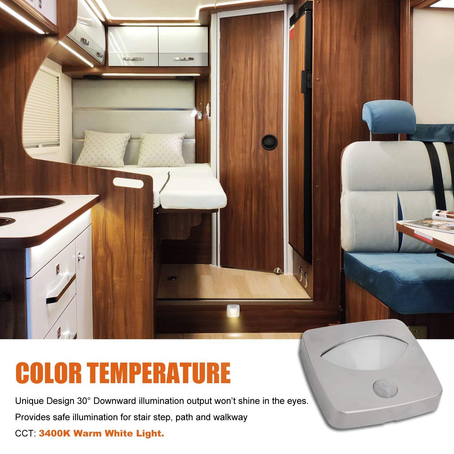Facon LED Aisle Light with Motion Sensor, 3400K Warm White, Plastic, 2in x 2.5in x 0.5in, Chrome Finished for RV, Boat