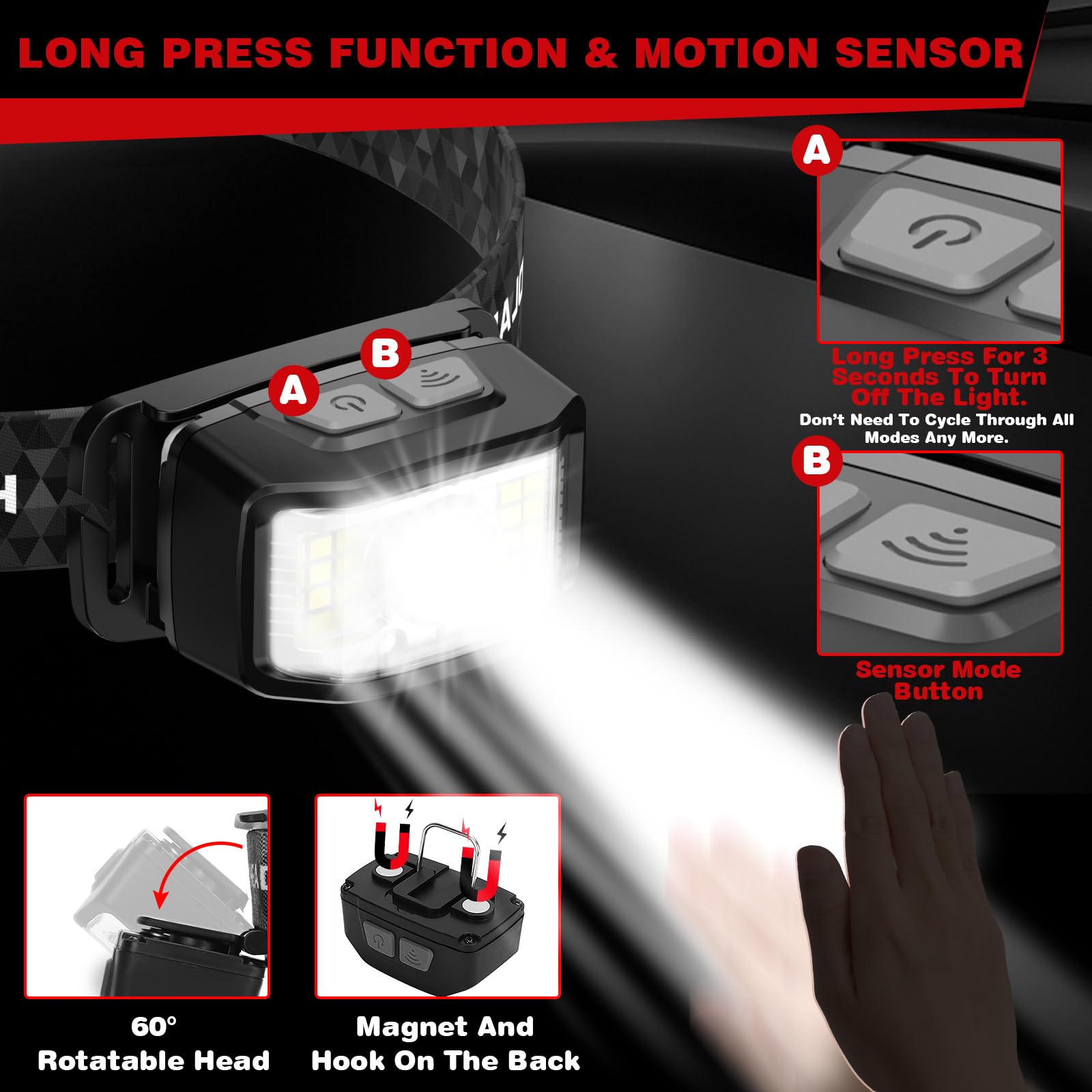 Headlamp Rechargeable,2 Pack 2000 Lumen Ultra Bright Led Headlamp,16 Modes Motion Sensor Head Lamp,Waterproof Lightweight White Red Led Flashlight For Camping,Cycling,Running,Headlamps For Adults