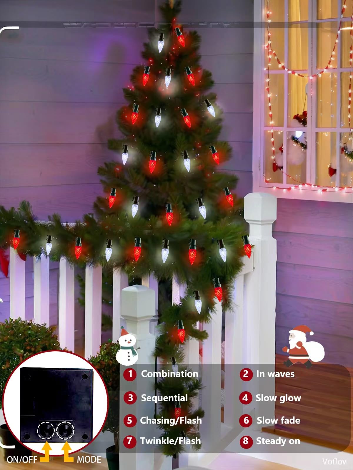 EEW C6 Solar Christmas Lights, 100 LED 33FT Waterproof Outdoor String Lights, Red and White, 8 Modes, Fairy Twinkle Light