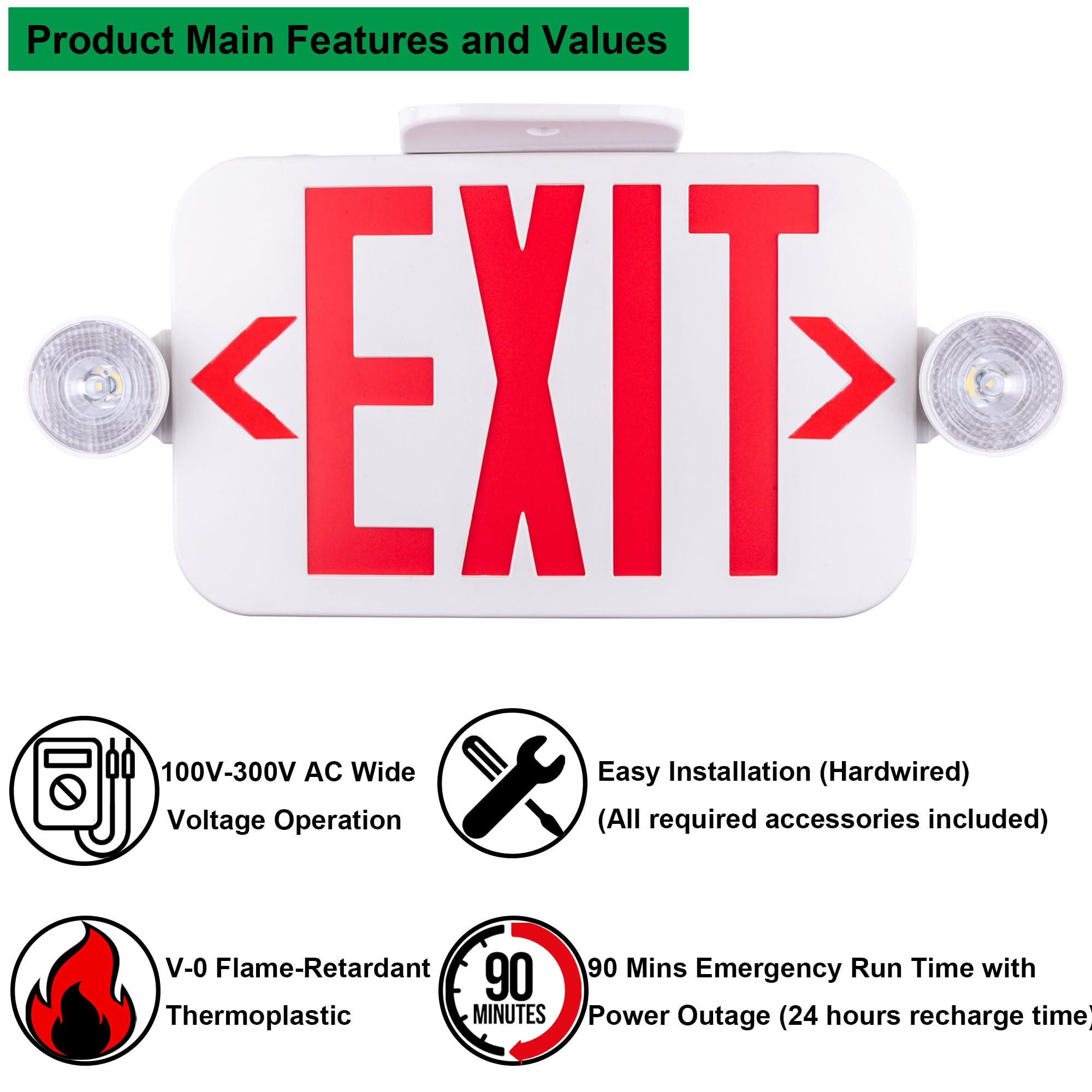 Lit-Path Led Combo Exit Sign With 2 Adjustable Head Lights And Doube Face, Back Up Batteries- Us Standard Red Letter Emergency Exit Lighting, Ul 924 And Cec Qualified, 120-277 Voltage, 1-Pack