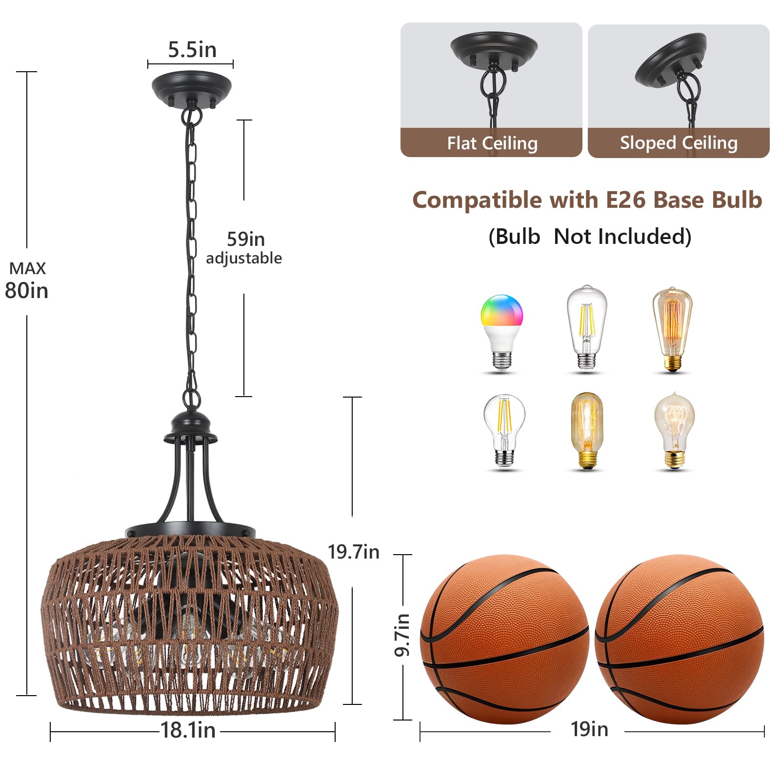 Hmvpl Coffee Rattan Chandeliers For Dining Room, 5-Light Coastal Chandelier With Wicker Lampshade, Large Farmhouse Light Fixture