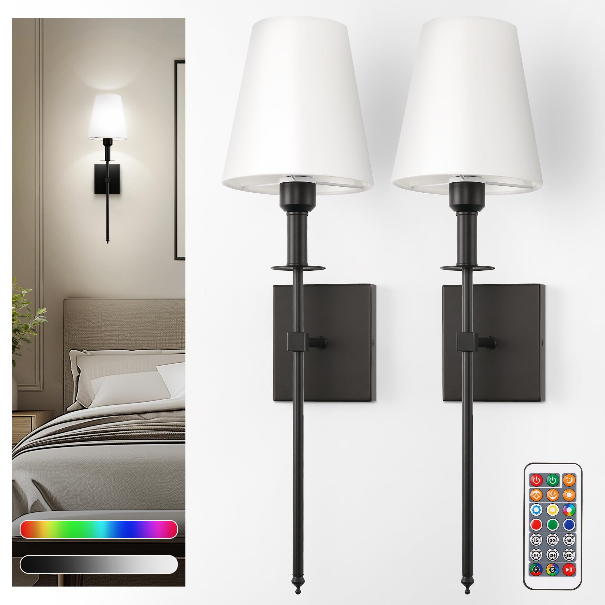DORESshop Battery Operated Wall Sconce Set of 2, 24 inch Black Metal Lights with Remote, Wireless for Bedroom Living Room Hallway