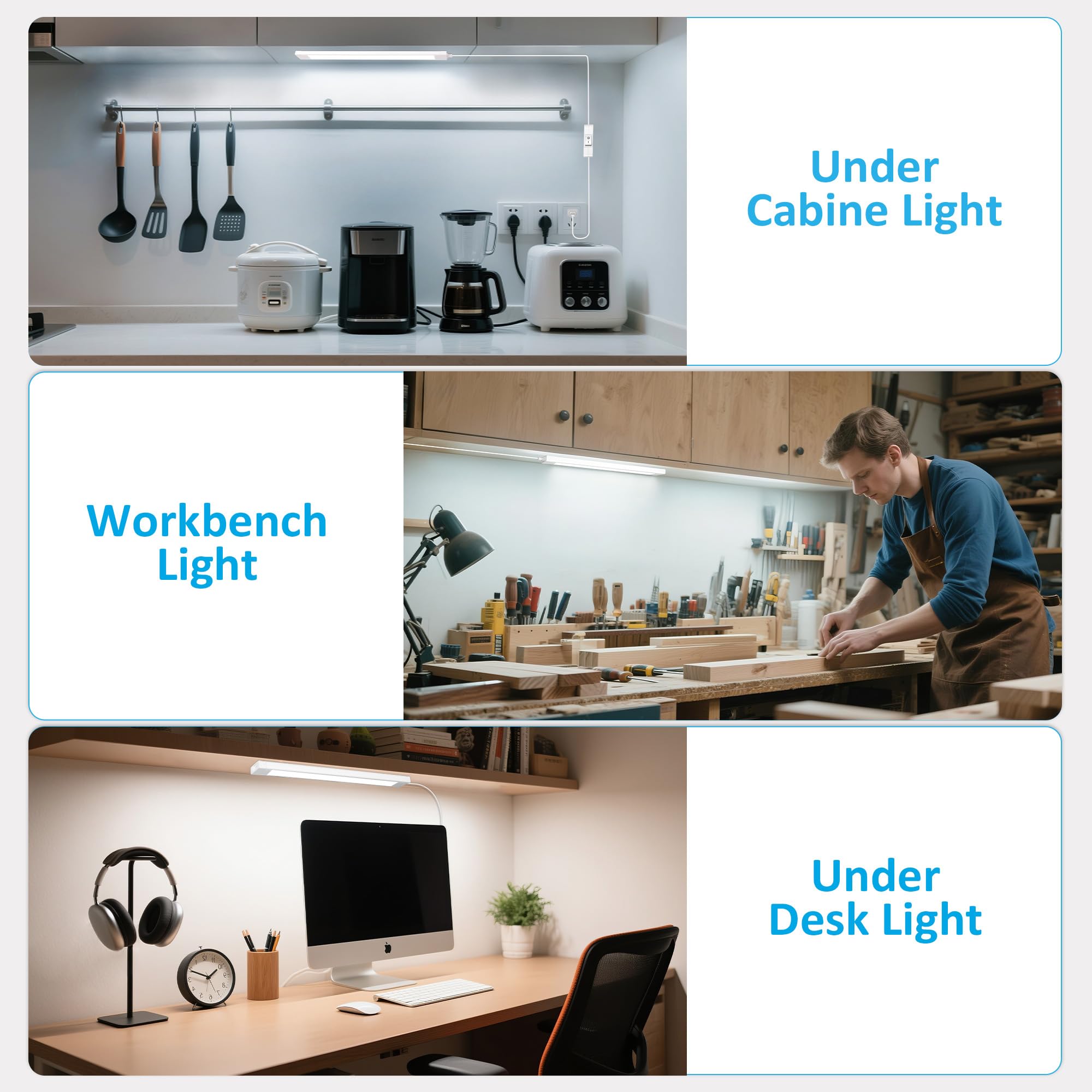 maylit Under Cabinet Lighting Plug in, 14" LED Light Bar, White, Renter Friendly, Ideal for Kitchen, Desk, and Workbench