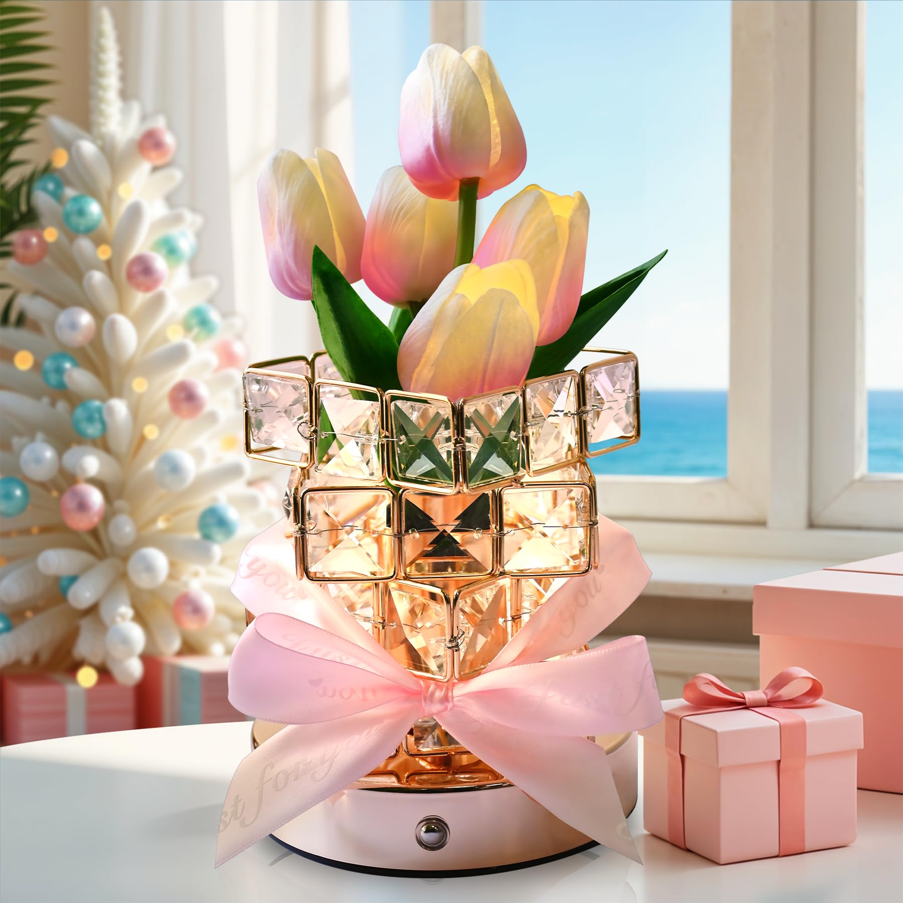 NuuNuy Gifts for Her Women,LED Tulip Cordless Night Light Dimmable Crystal Base with USB Charge, Small Night Light Home Decor
