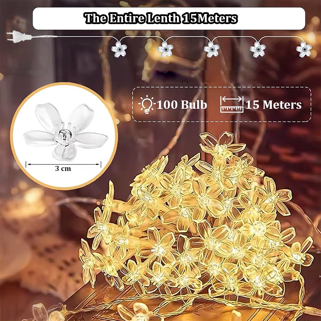 fizzytech Plastic Flower Fairy String Lights of Home Decoration Diwali Light Lights of Home Decoration 15 Meter 100 Led Warm Whi