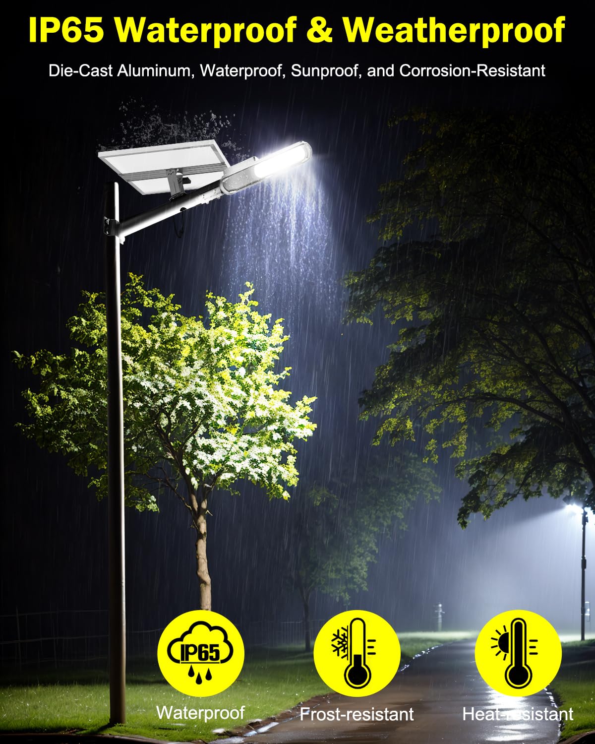 Engrepo Solar Street Lights - 15-Hour Runtime, IP65 Waterproof, Remote Control, LED Flood Light for Wall/Parking Lot, Black, Model AX-YYC-200W